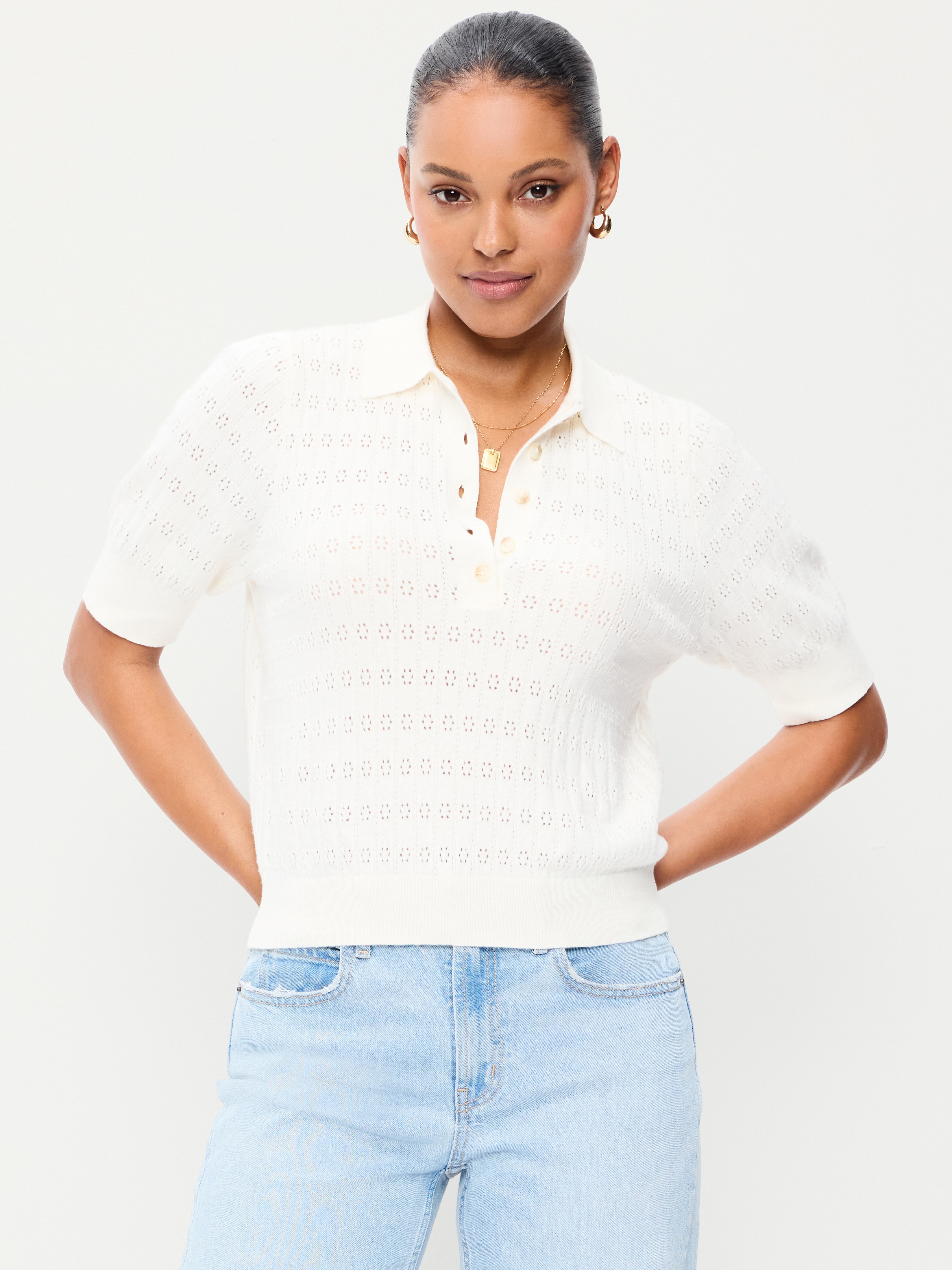 SoSoft Lite Short-Sleeve Pointelle Cropped Polo - Sea Salt - 1