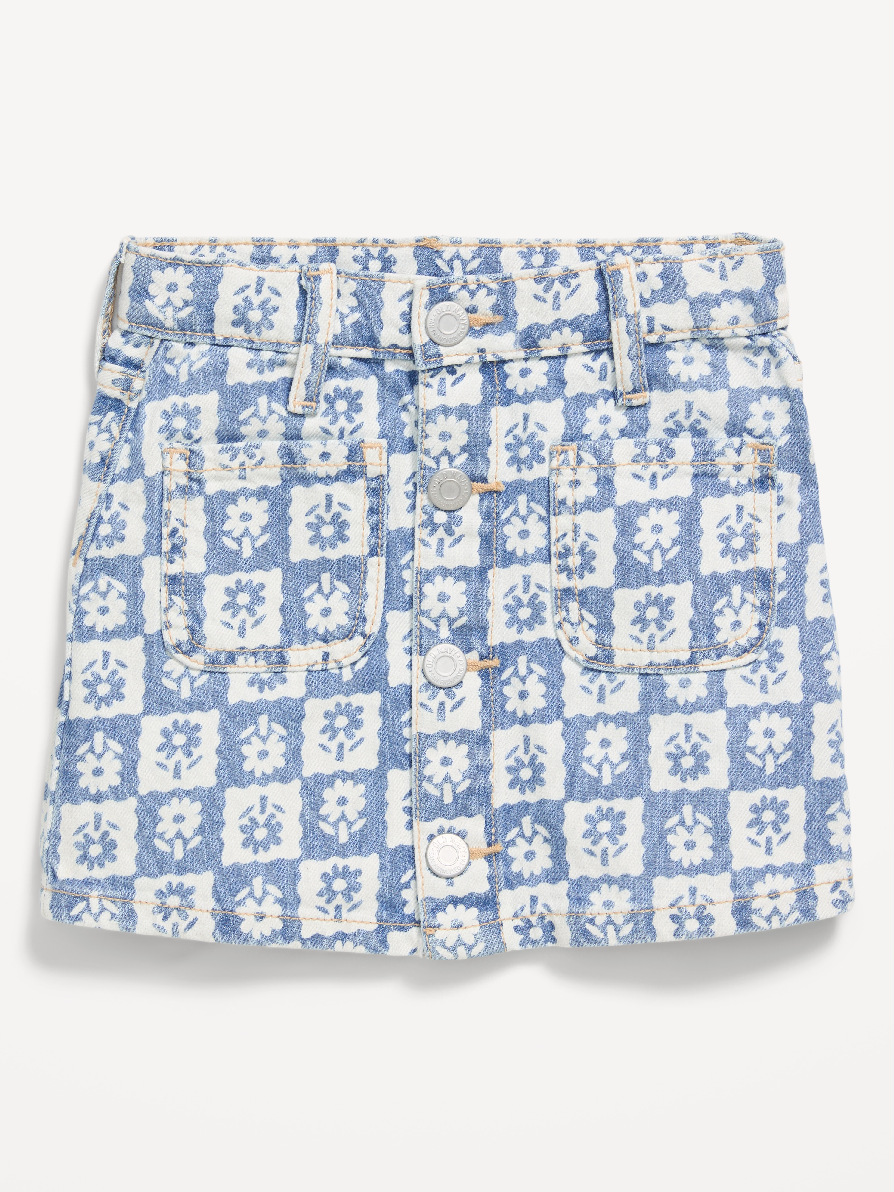 High-Waisted Button-Front Jean Skirt for Toddler Girls - Floral Tile - 1