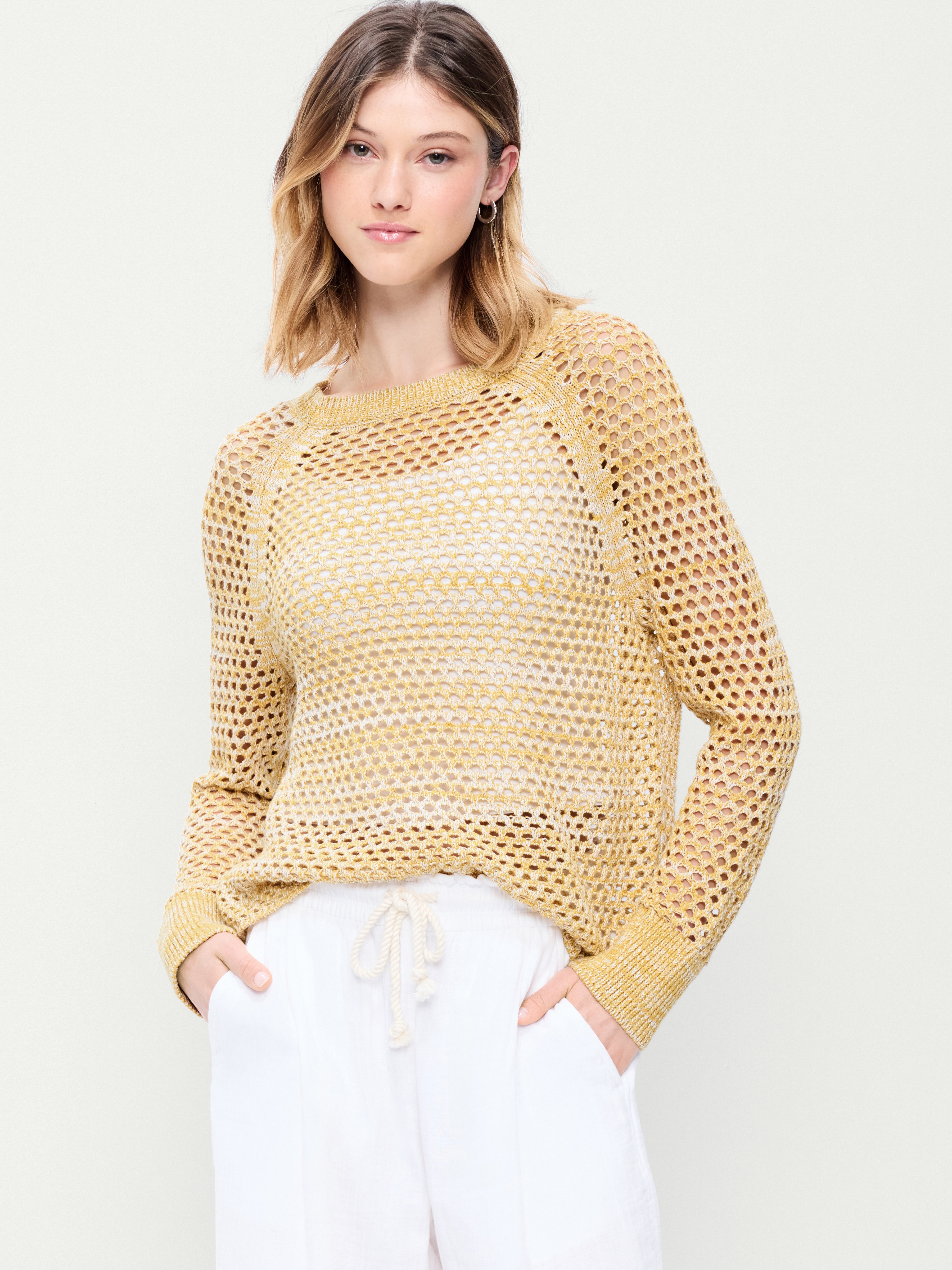Seaside Cotton Open-Knit Raglan Sweater - Sandstorm - 1