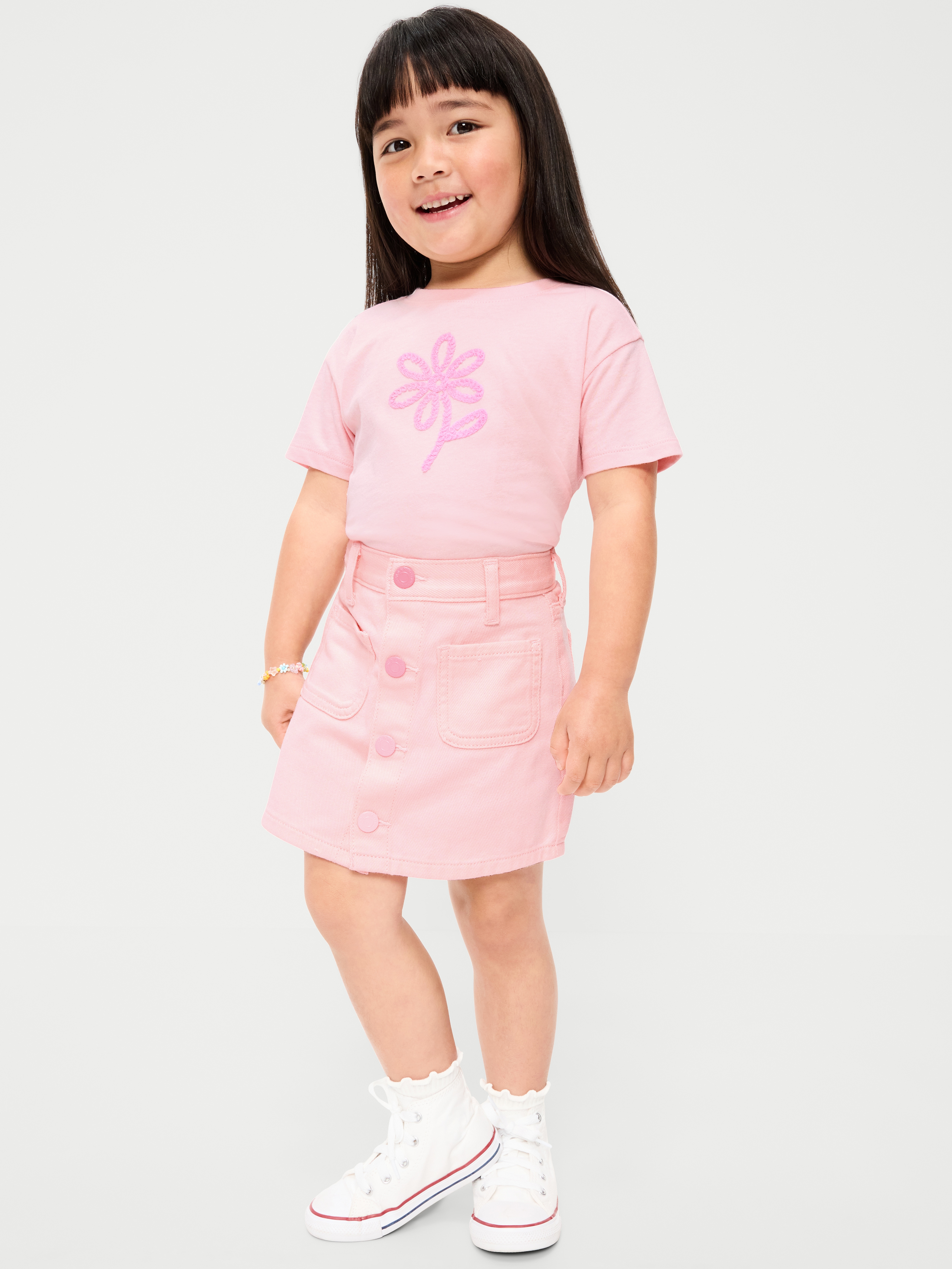 High-Waisted Button-Front Jean Skirt for Toddler Girls - Pink Sky - 1