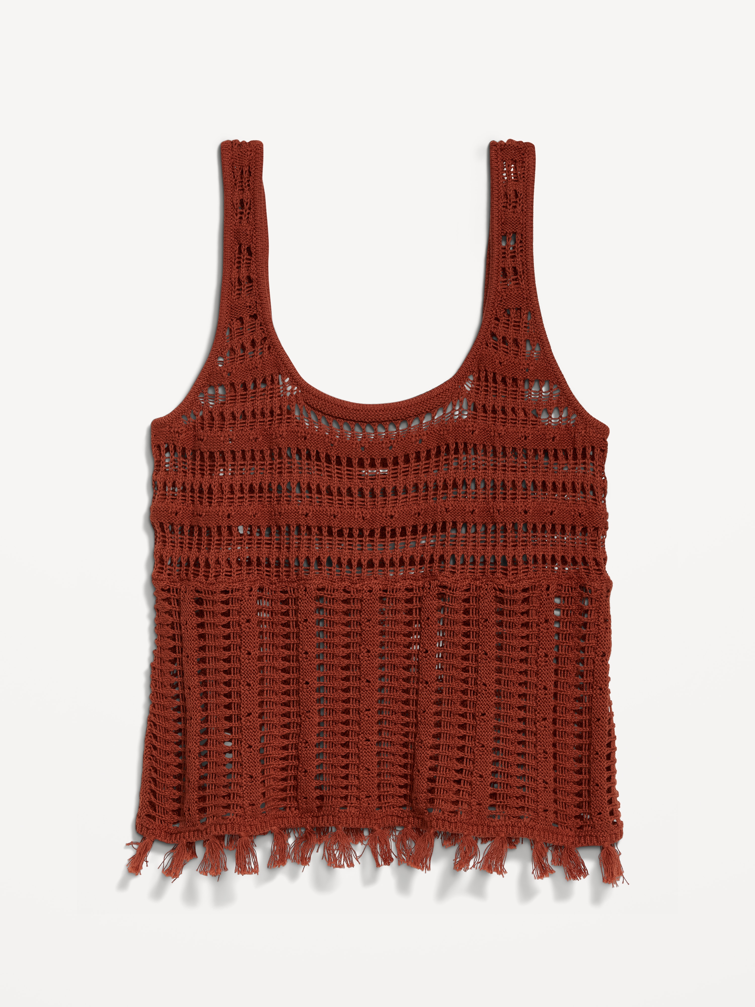 Open-Weave Seaside Cotton Fringe Tank Top - Russet Moon - 4