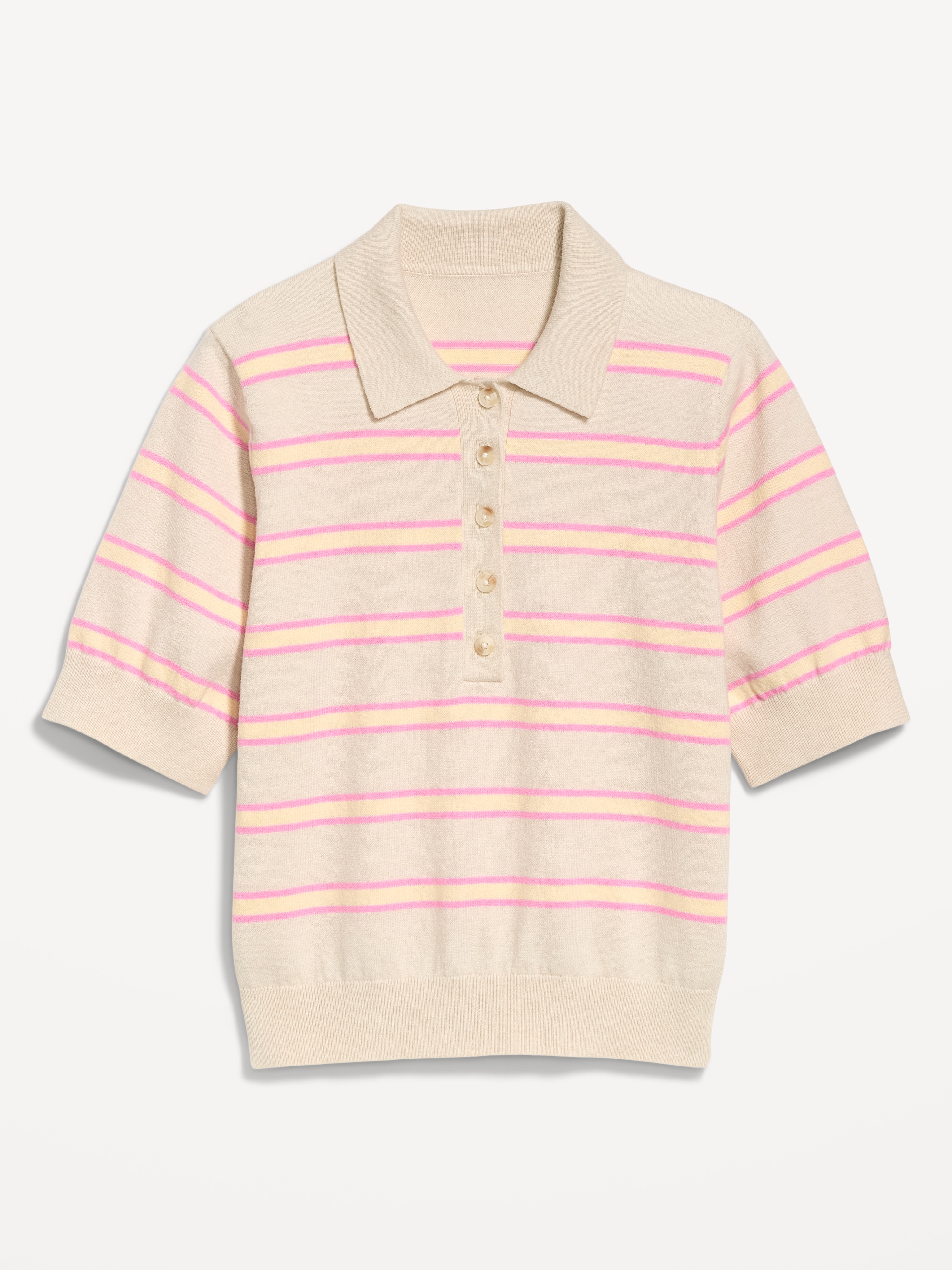 SoSoft Lite Short-Sleeve Pointelle Cropped Polo - Pink/Yellow Stripe - 3