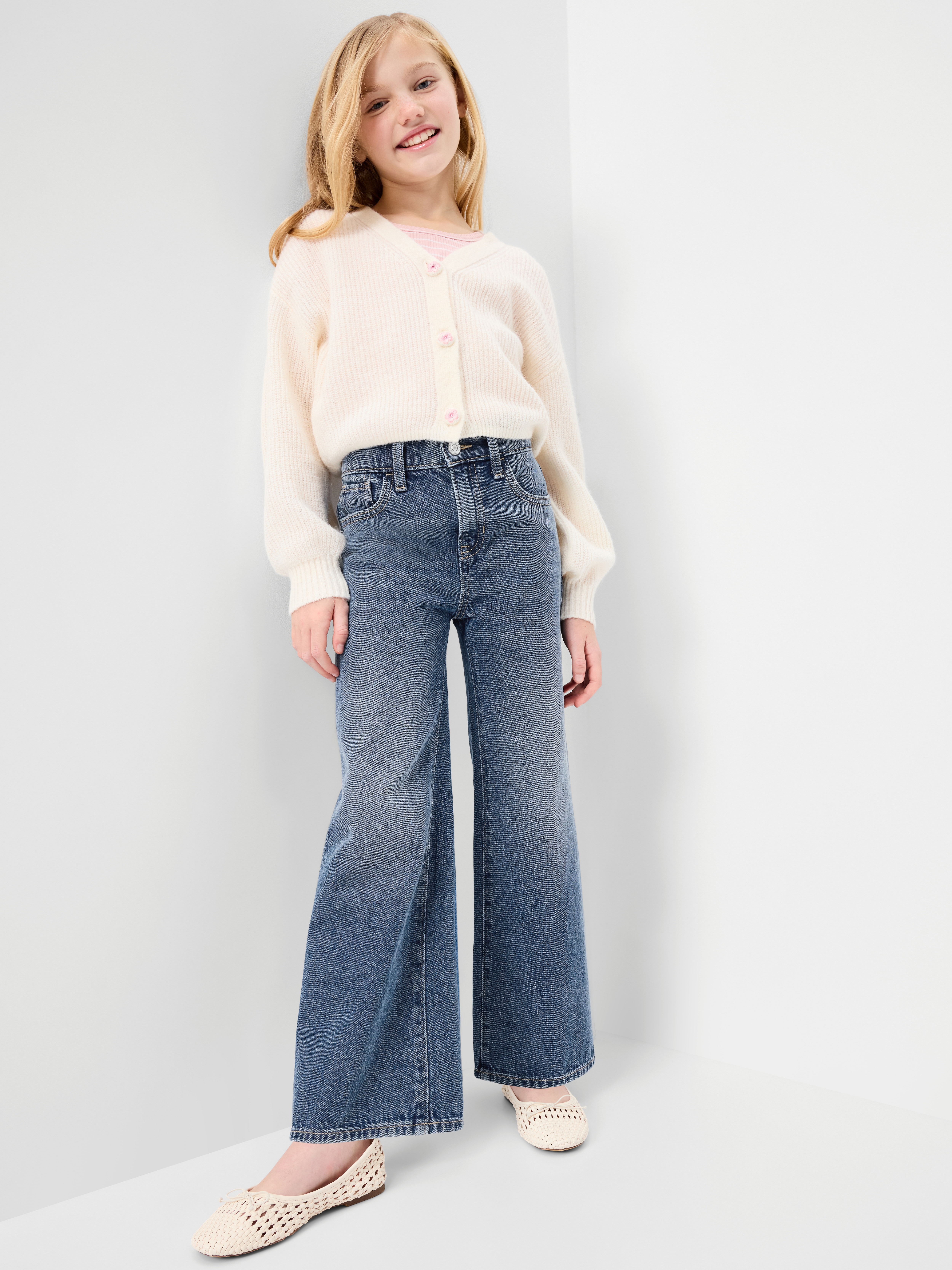 Printed High-Waisted Baggy Wide-Leg Jeans for Girls - Dream Wash - 3