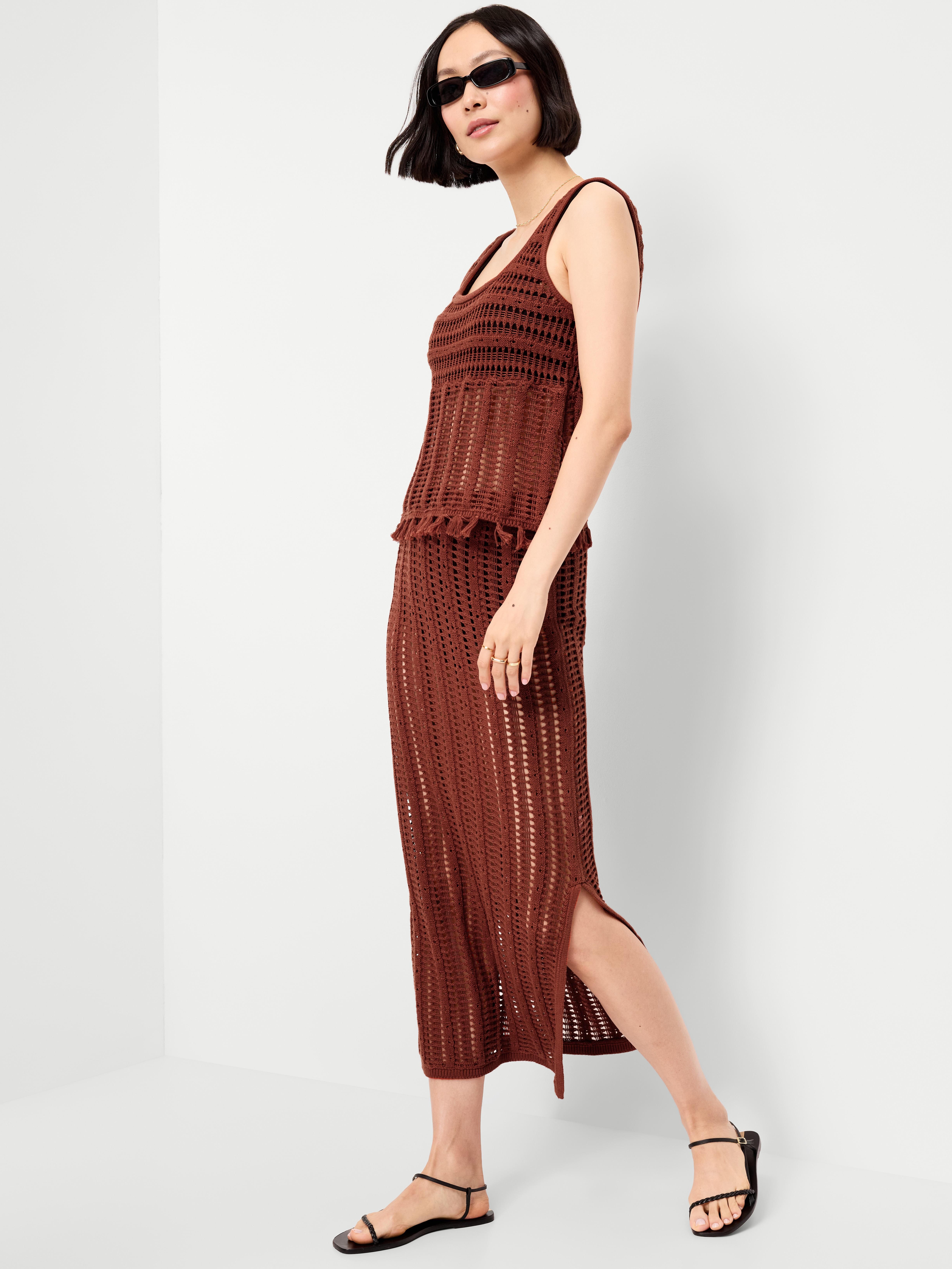 Open-Weave Seaside Cotton Fringe Tank Top - Russet Moon - 3