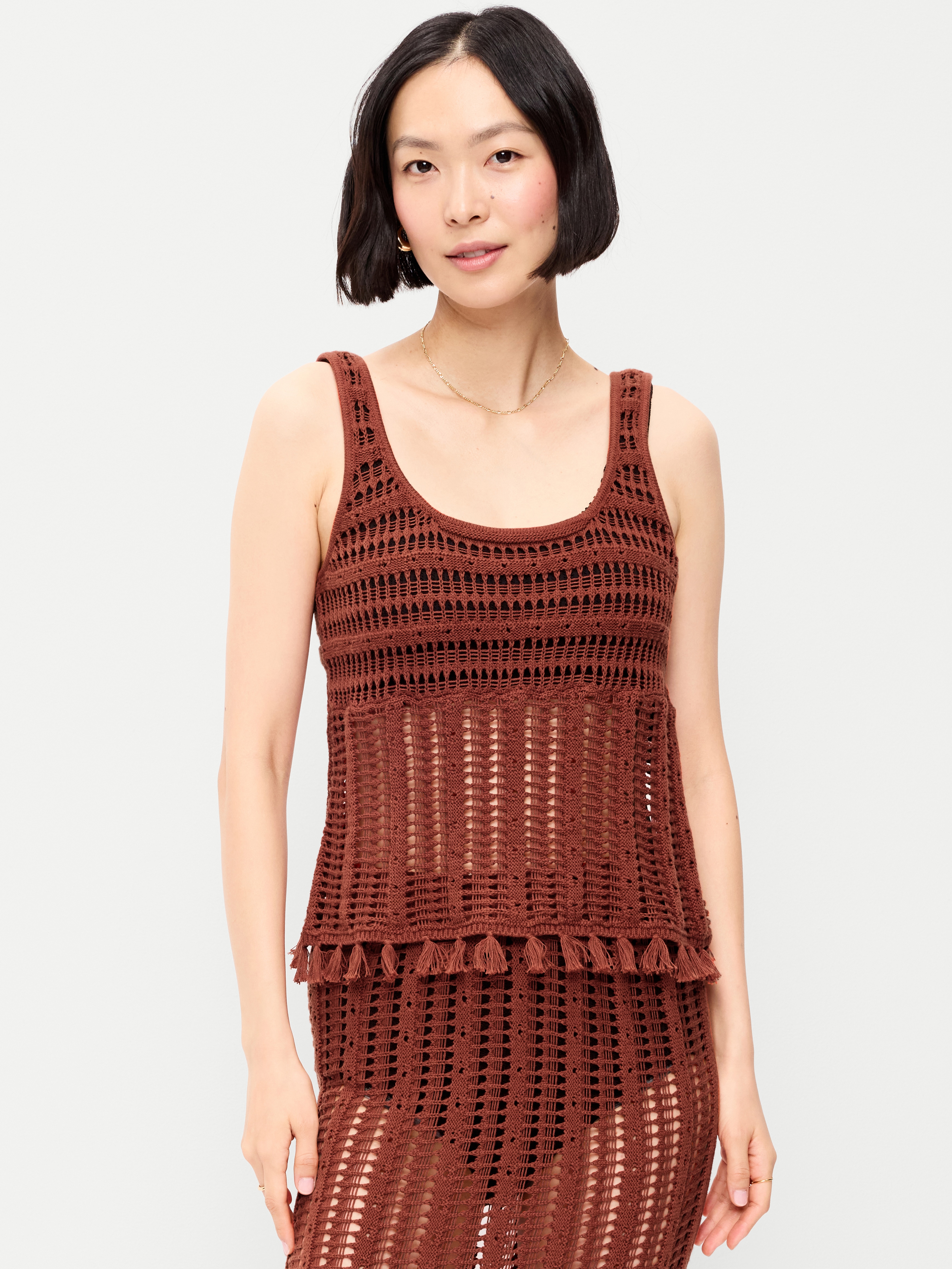 Open-Weave Seaside Cotton Fringe Tank Top - Russet Moon - 1