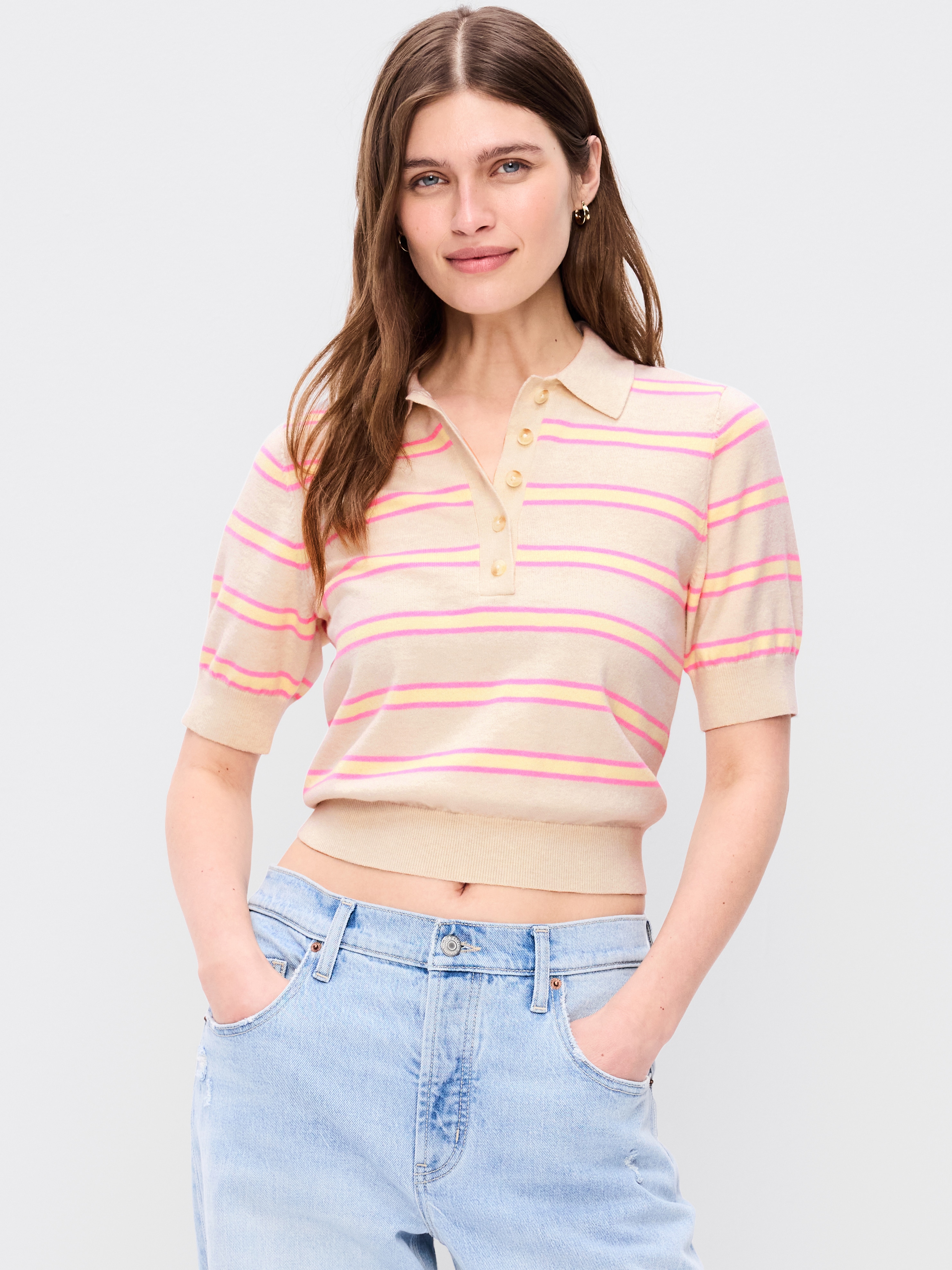 SoSoft Lite Short-Sleeve Pointelle Cropped Polo - Pink/Yellow Stripe - 1