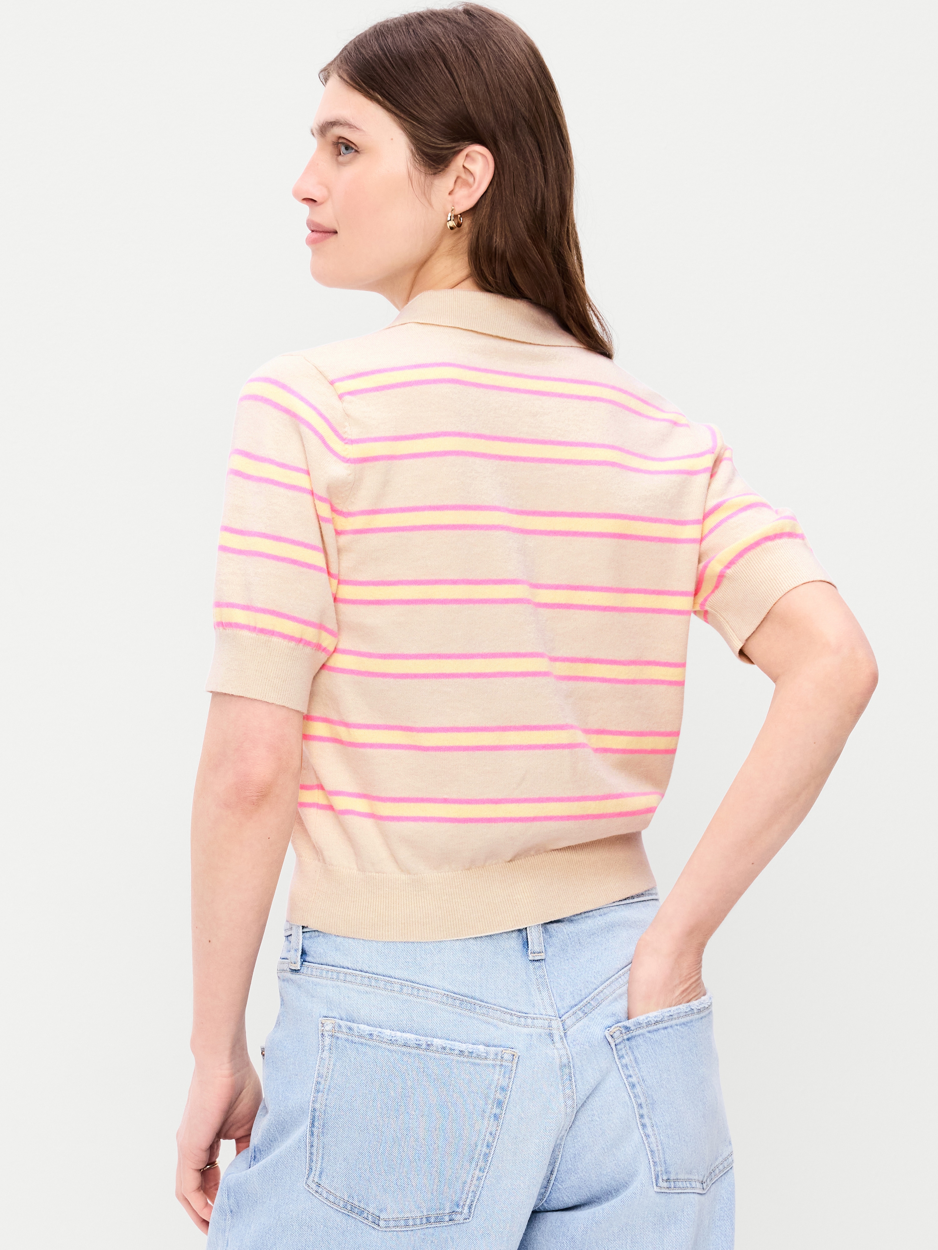 SoSoft Lite Short-Sleeve Pointelle Cropped Polo - Pink/Yellow Stripe - 2