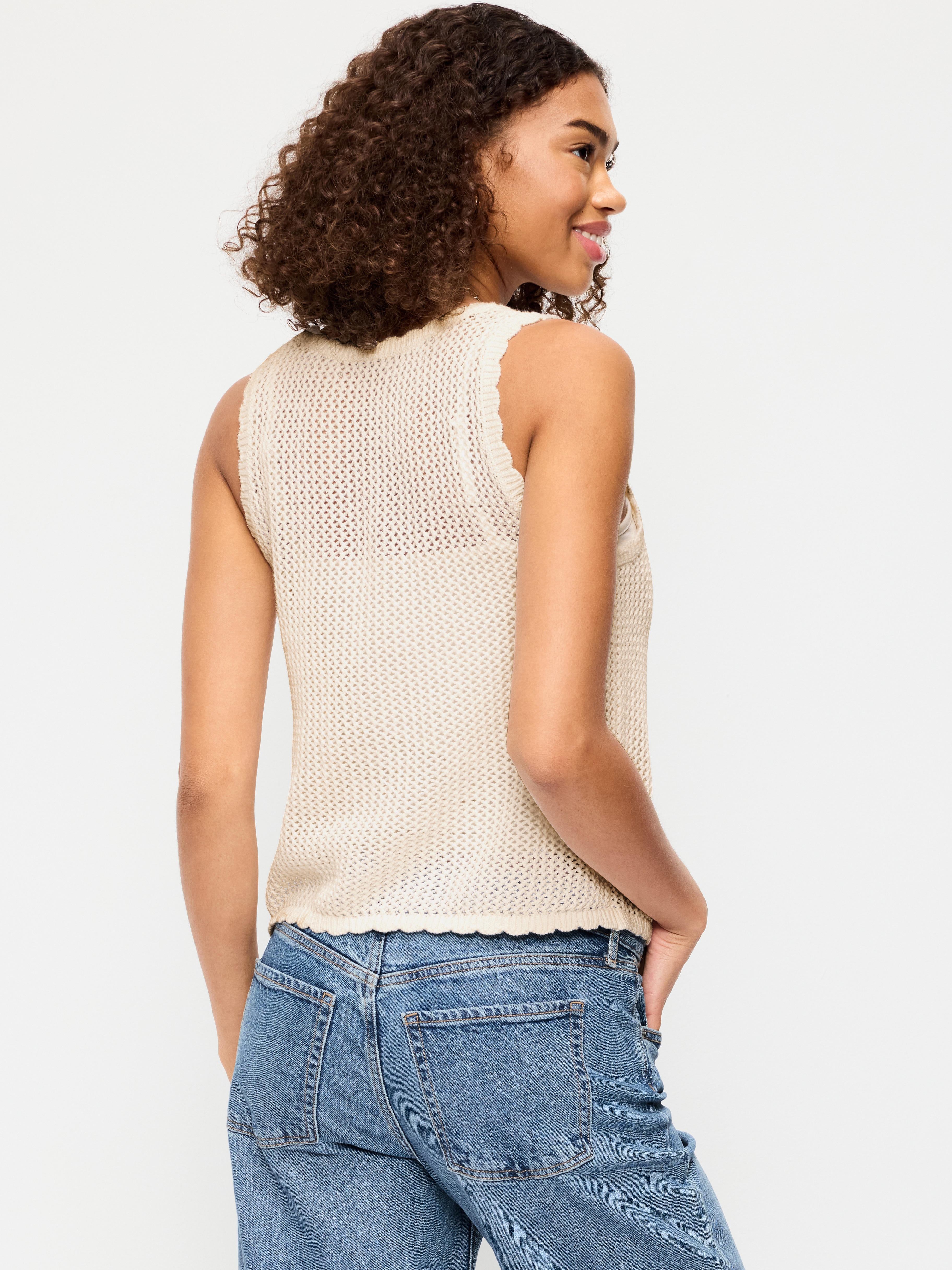 Sleeveless Seaside Cotton Crochet Tank Top - Sea Salt - 2