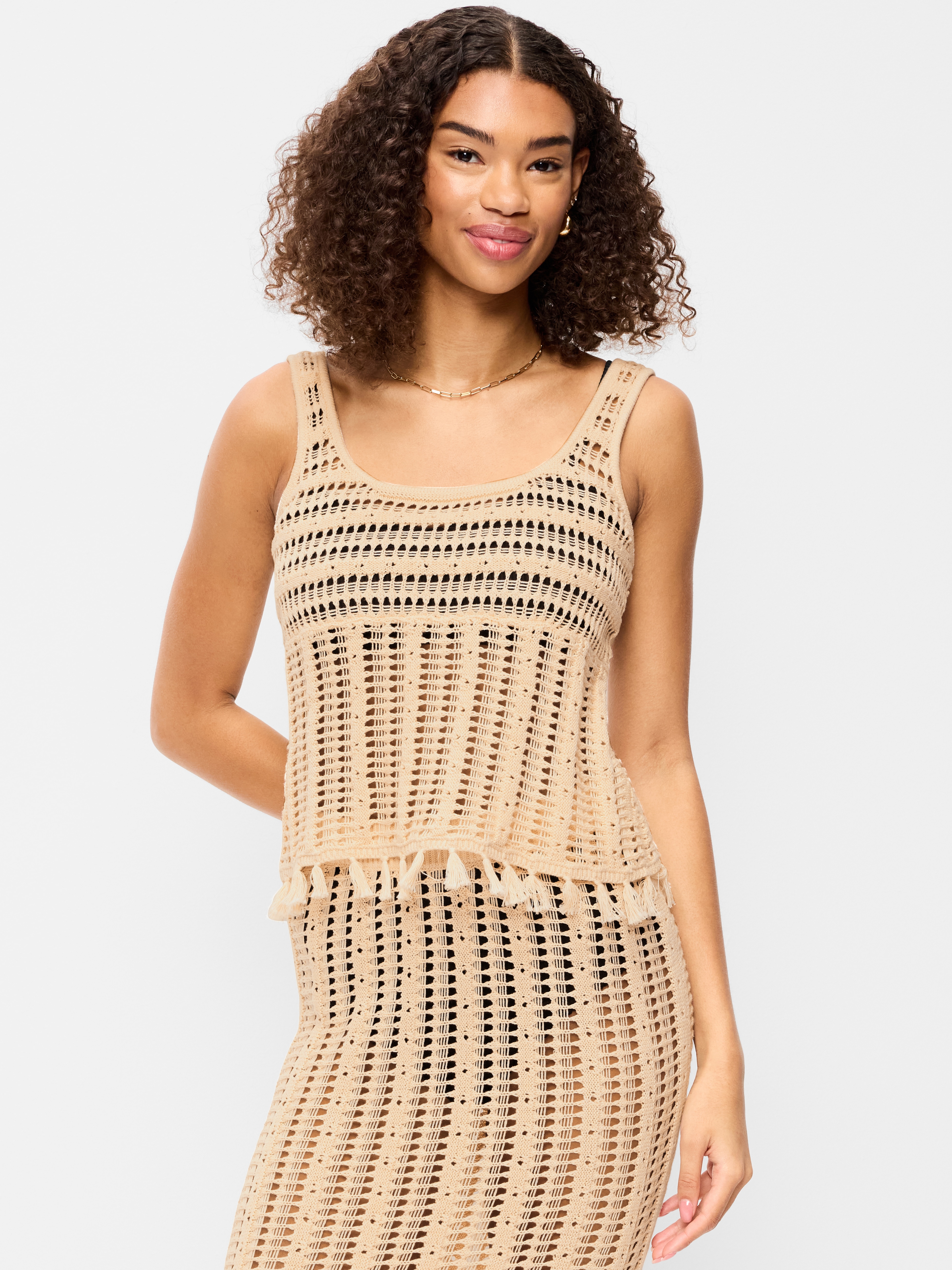 Open-Weave Seaside Cotton Fringe Tank Top - Cozy Cashmere - 1