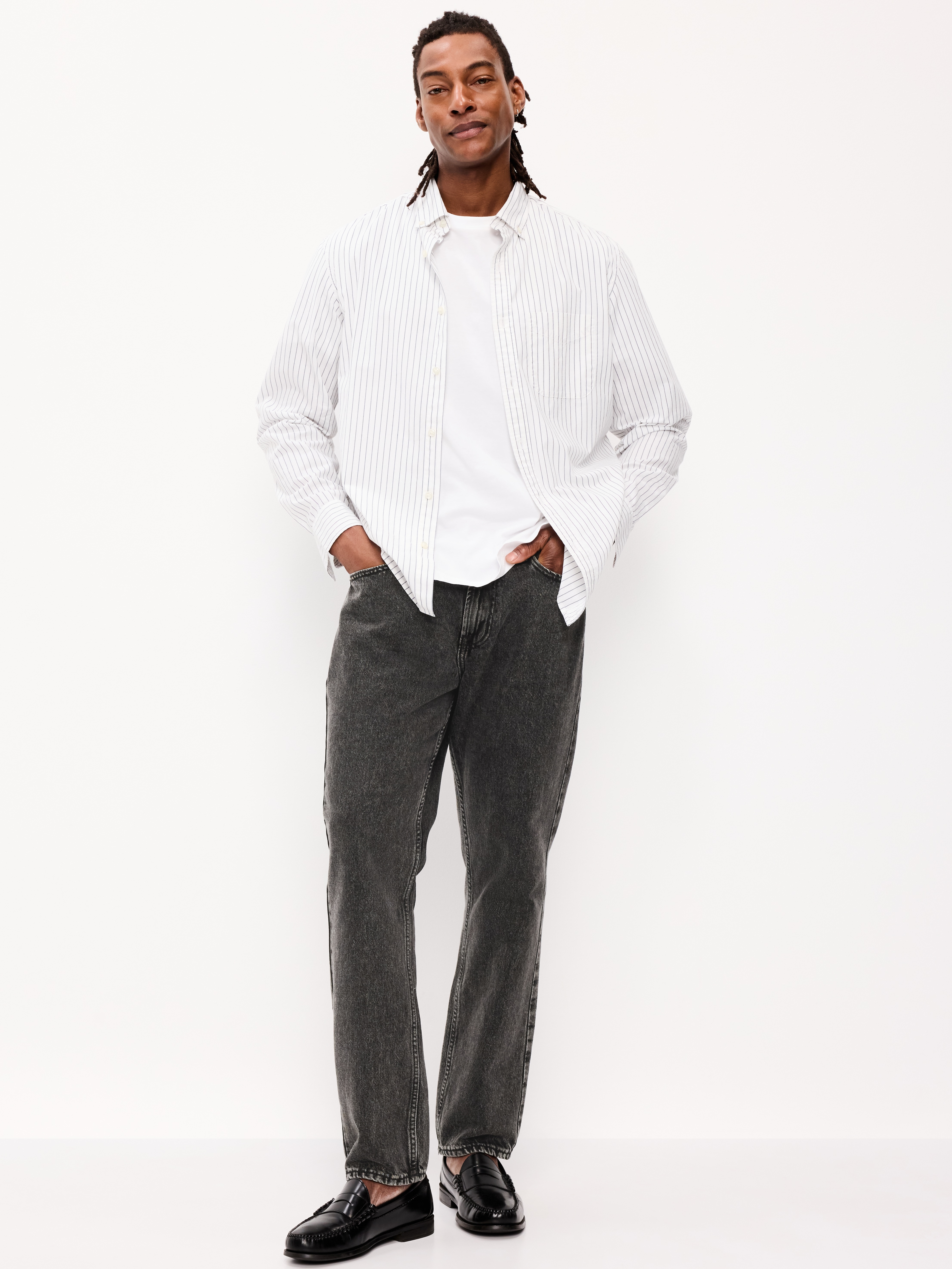 Structured Straight Non-Stretch Jeans - Washed Black - 1