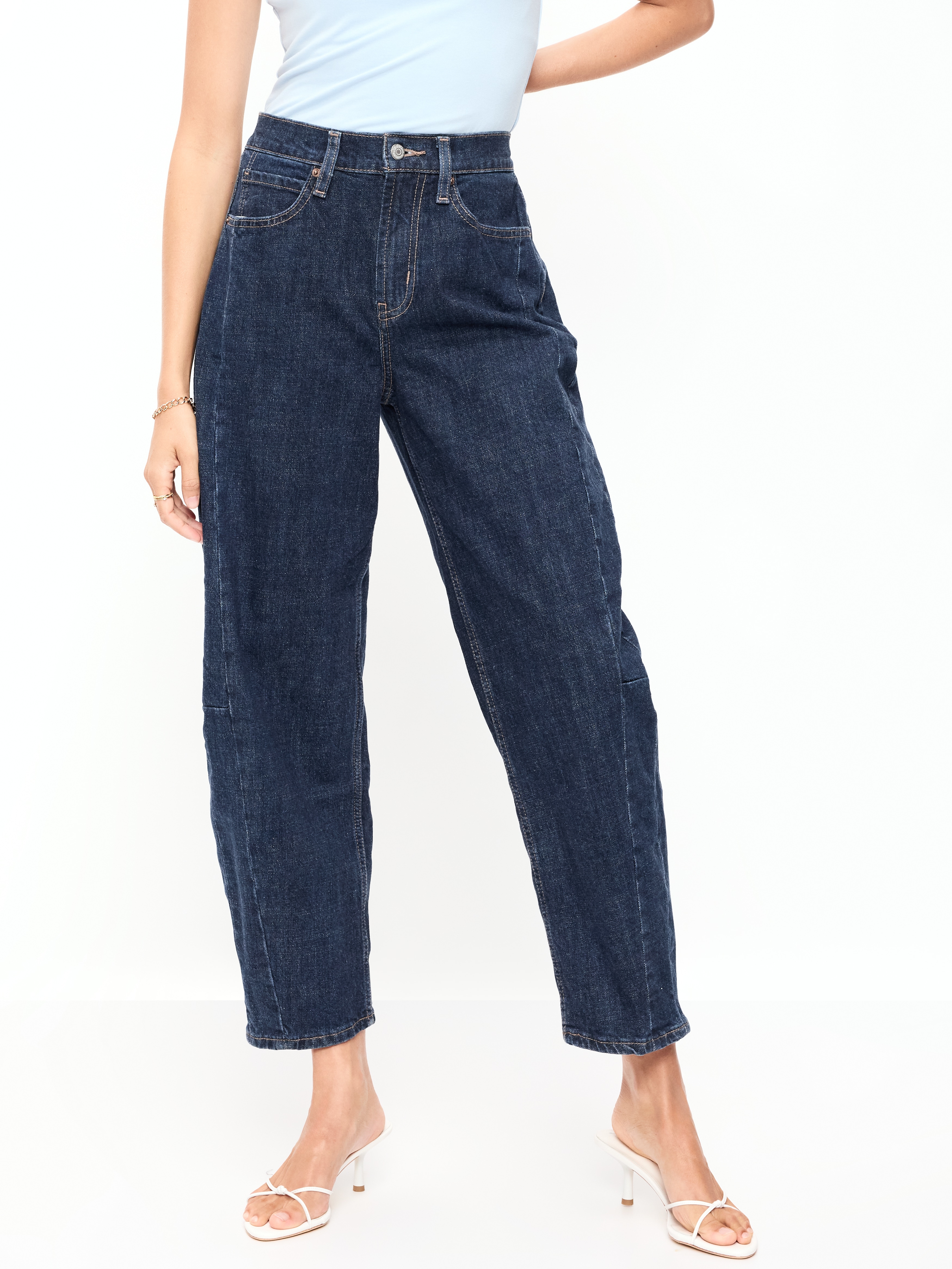 High-Waisted Baggy Barrel Ankle Jeans - Dark Wash - 2