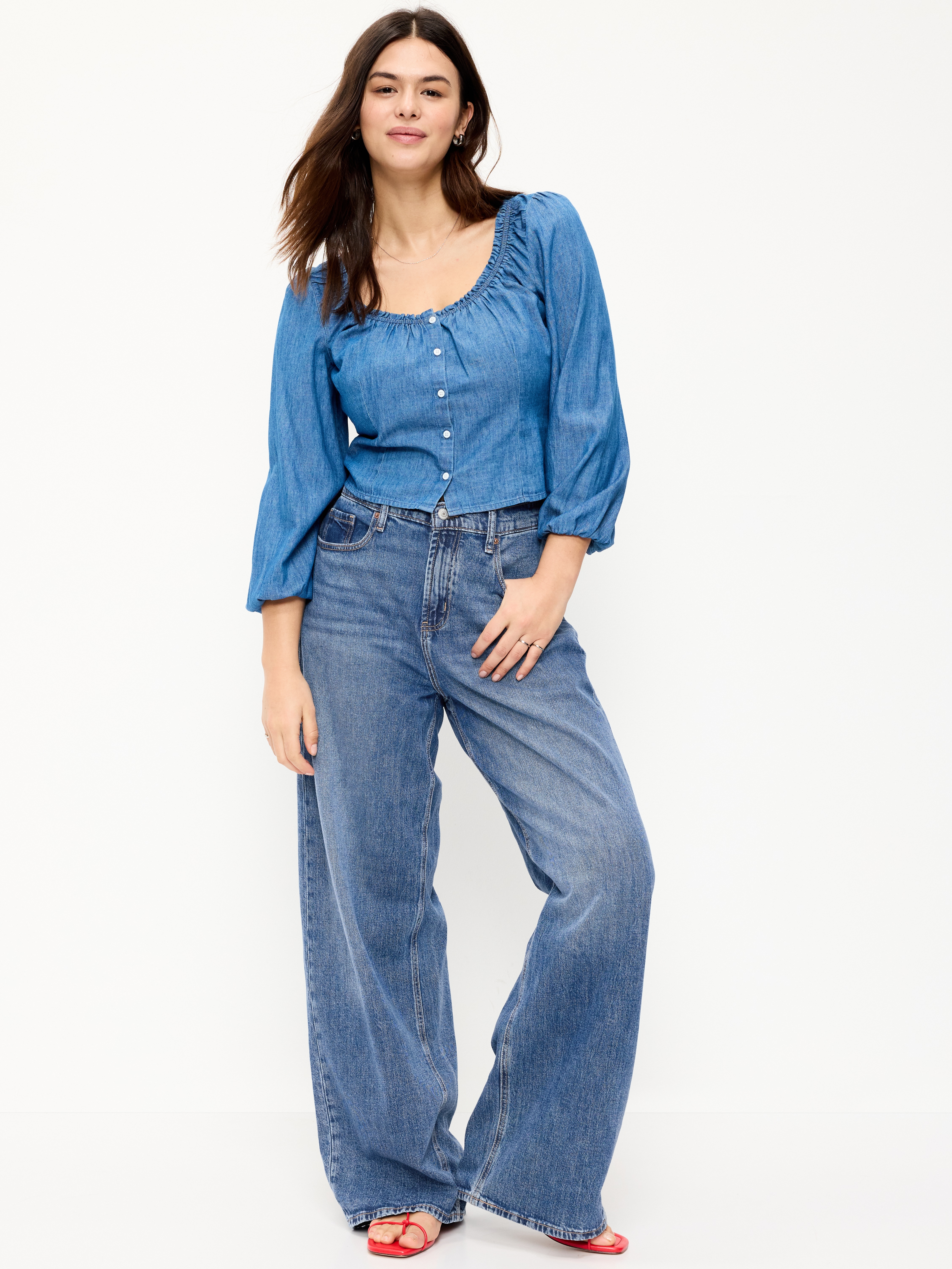 High-Waisted Baggy Wide-Leg Stretch Jeans - Larkspur - 5