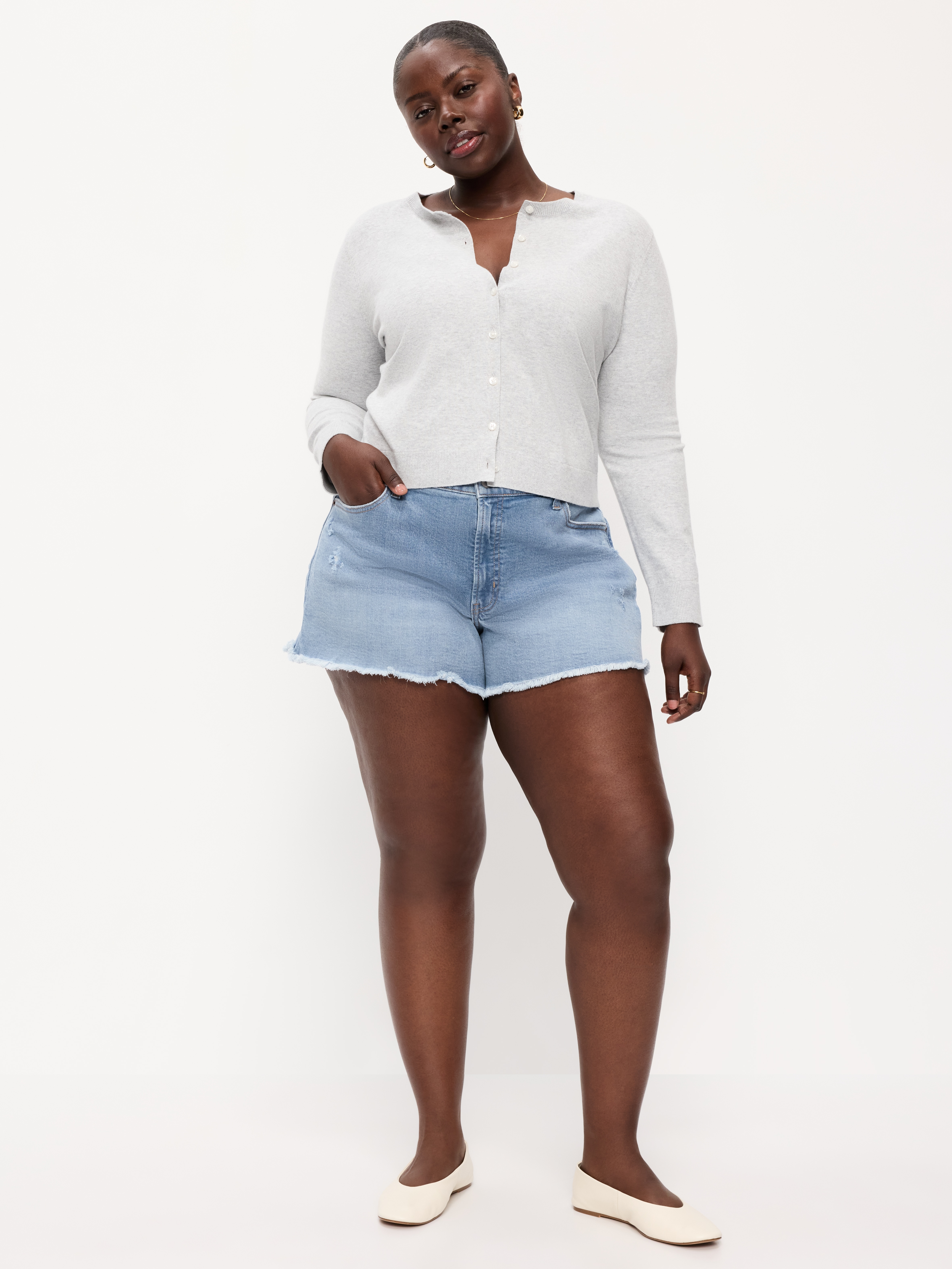 Curvy High-Waisted OG Jean Cut-Off Shorts -- 4-inch inseam - Indigo Shreds - 4