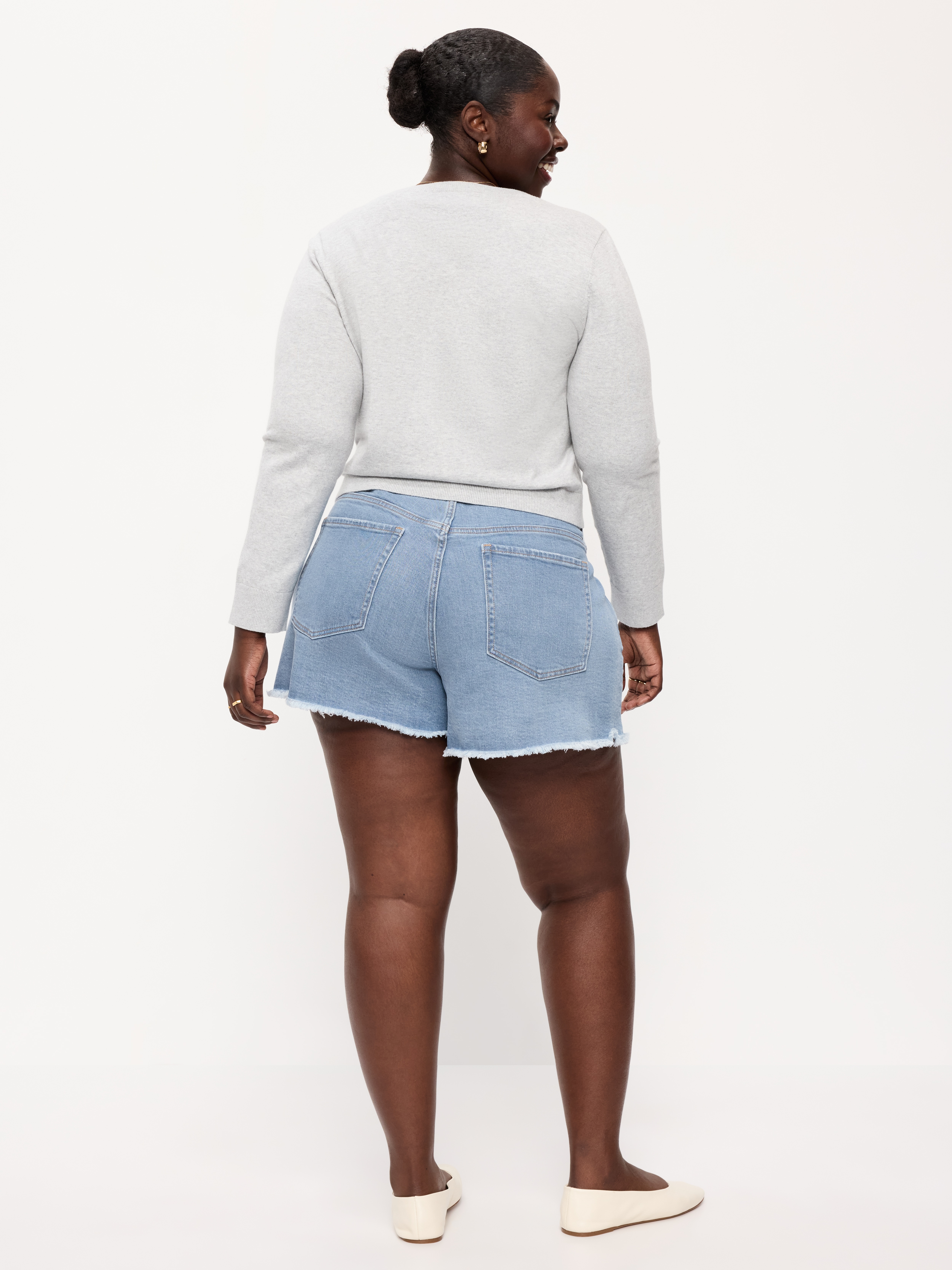Curvy High-Waisted OG Jean Cut-Off Shorts -- 4-inch inseam - Indigo Shreds - 9
