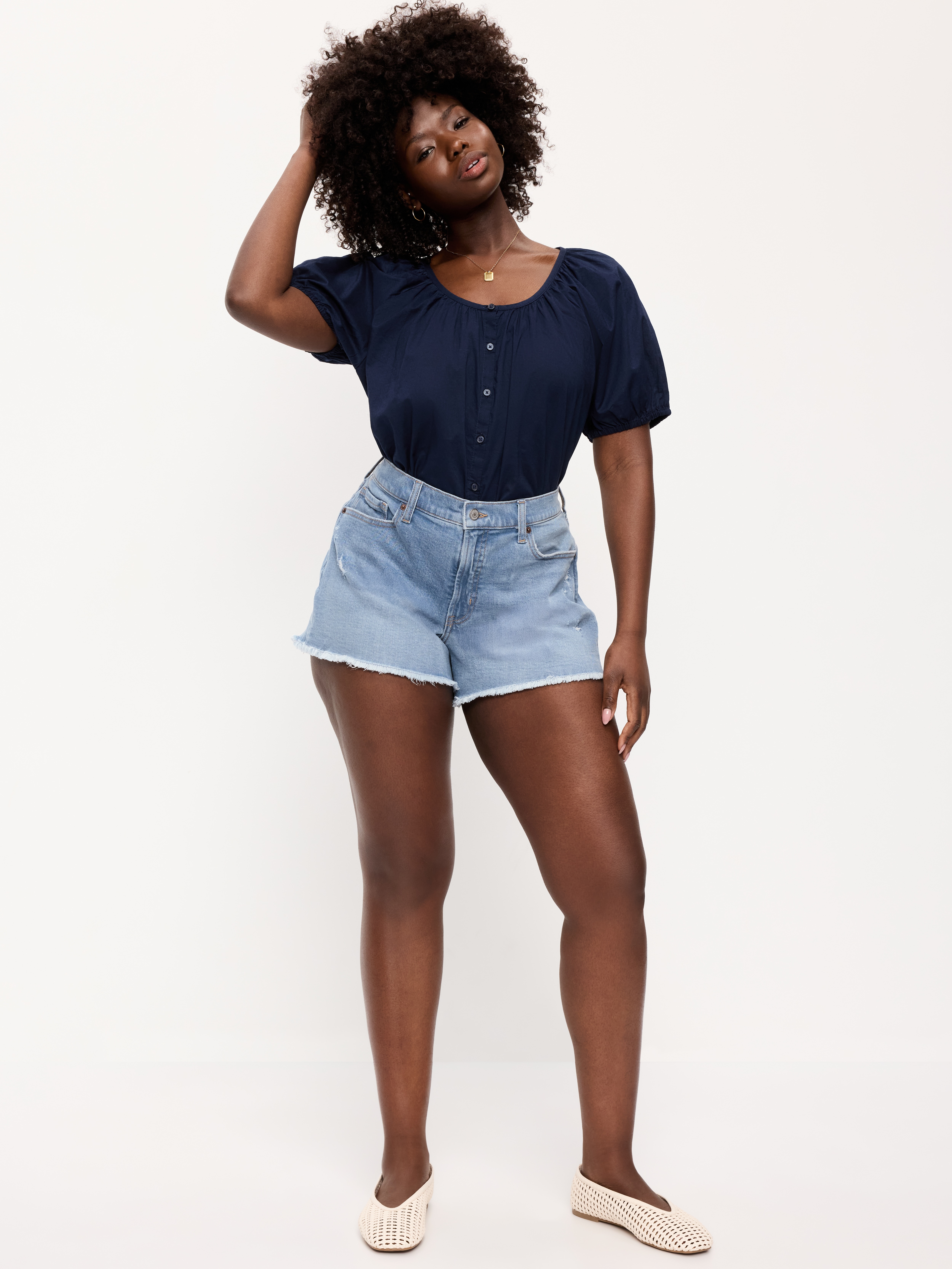 Curvy High-Waisted OG Jean Cut-Off Shorts -- 4-inch inseam - Indigo Shreds - 6