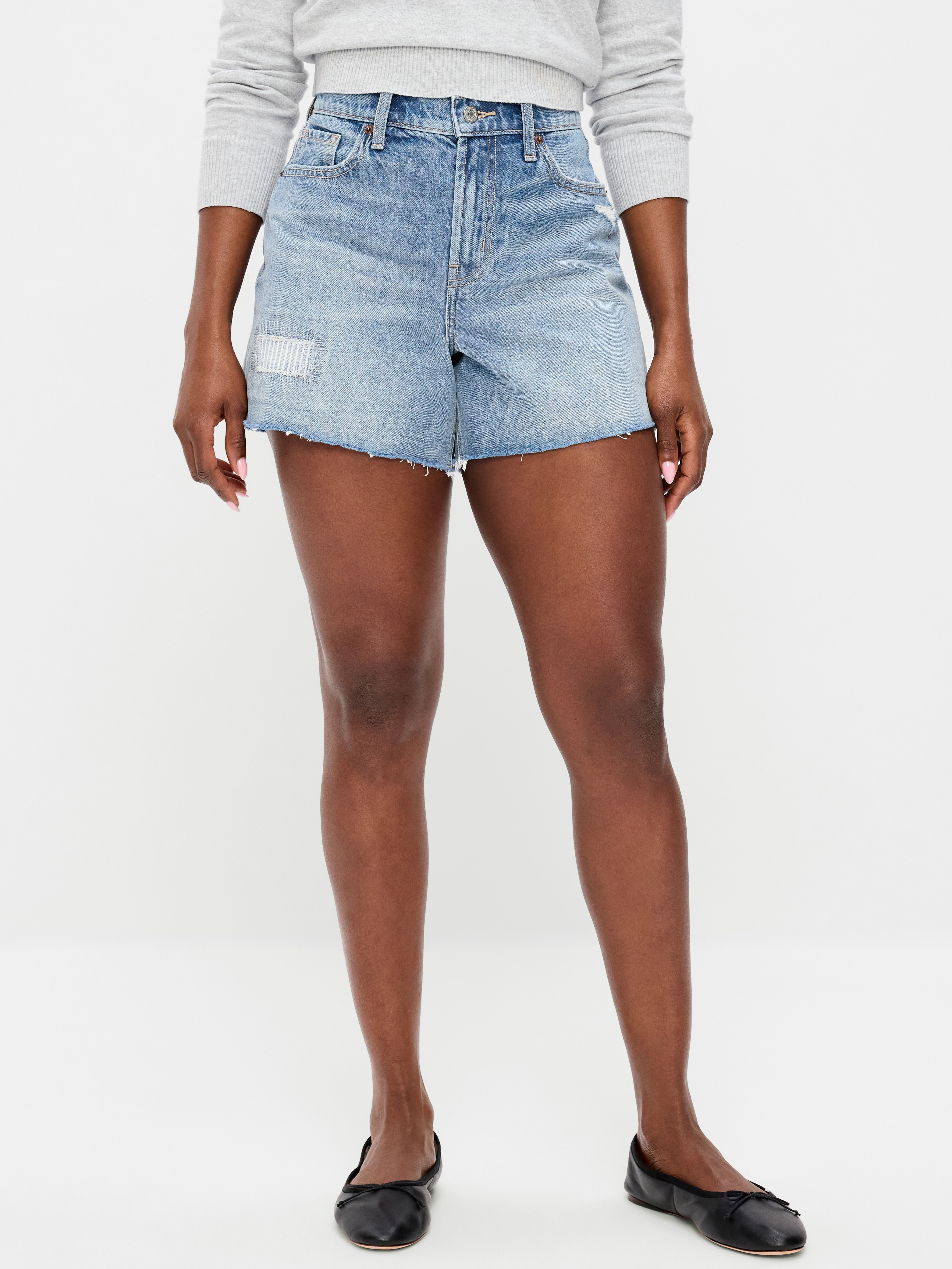 Curvy High-Waisted Baggy Jean Cut-Off Shorts -- 5-inch inseam - Riley Repair - 2