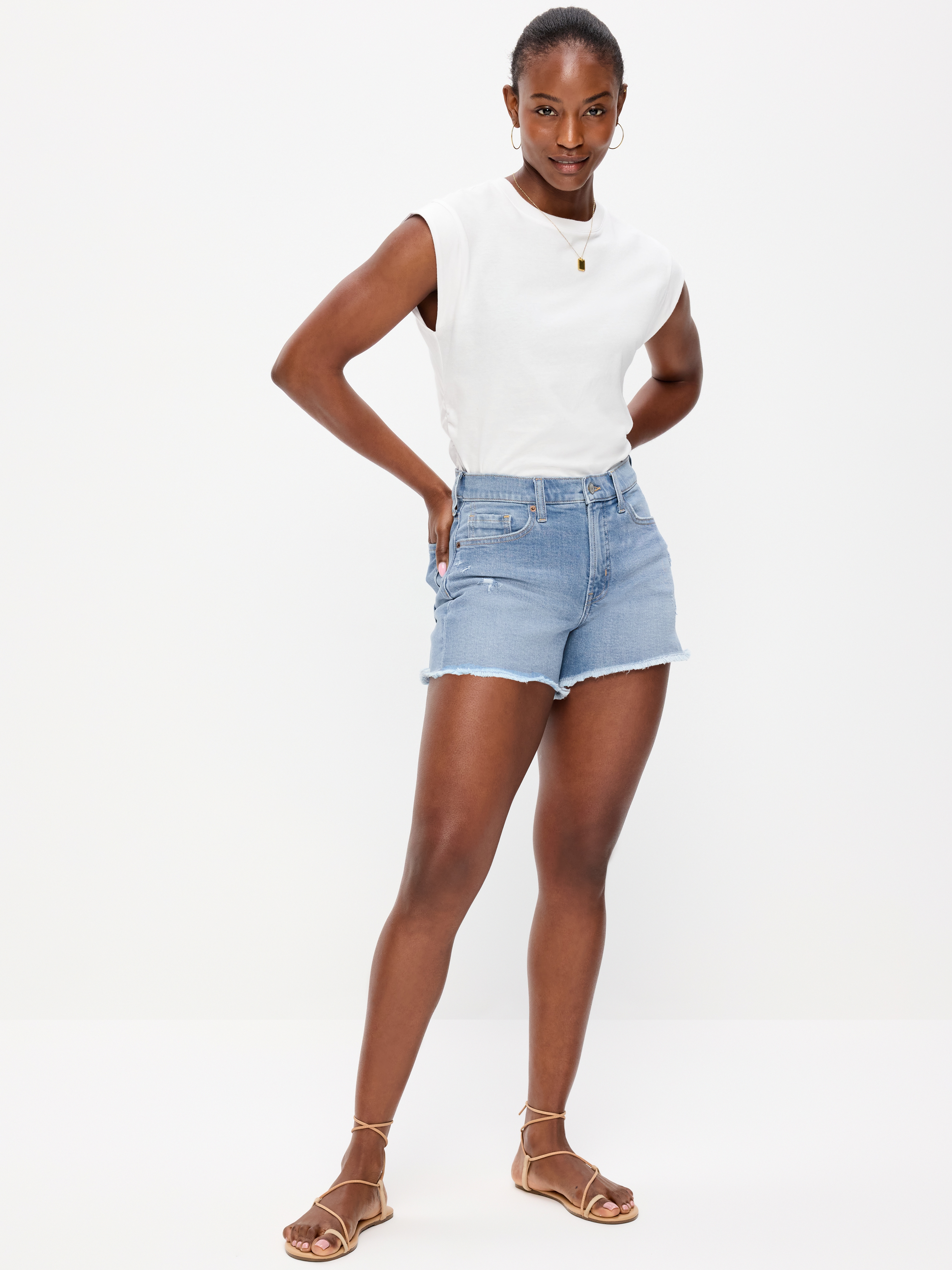 Curvy High-Waisted OG Jean Cut-Off Shorts -- 4-inch inseam - Indigo Shreds - 1