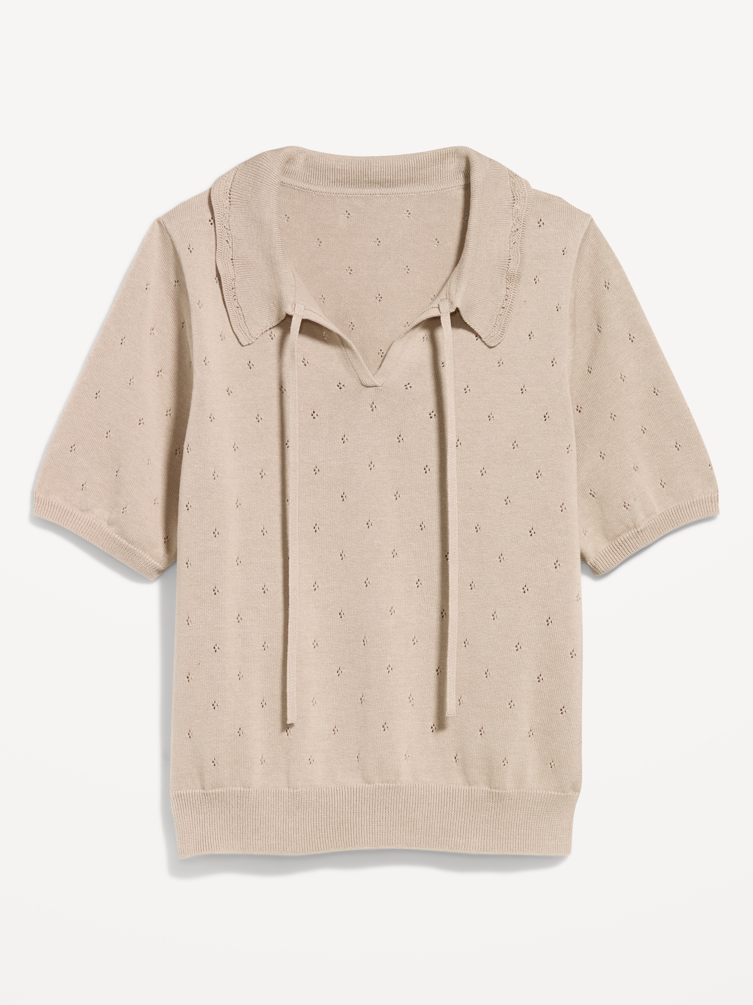 Tie-Front Seaside Cotton Pointelle Cropped Polo - Hemisphere - 4