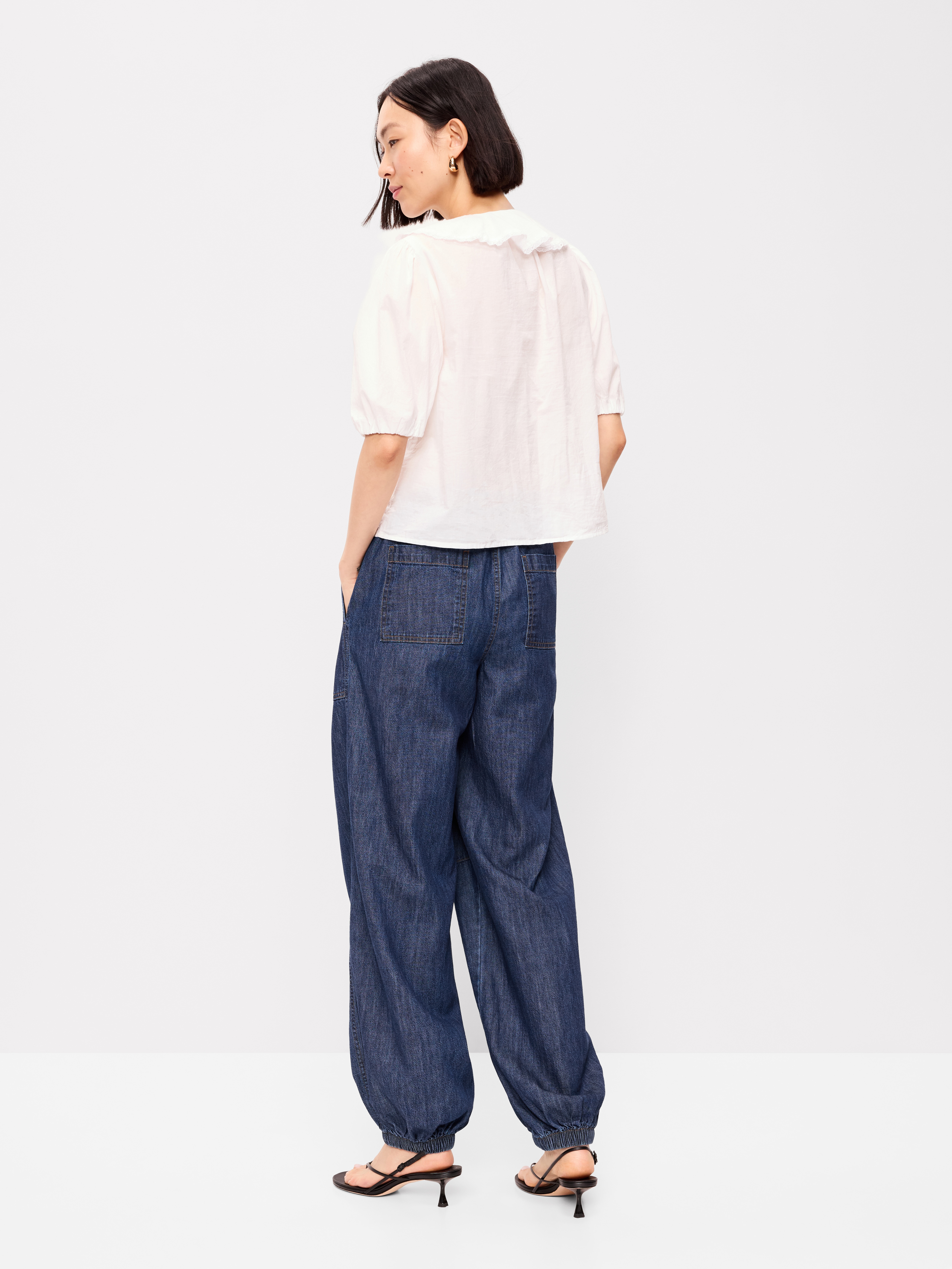 Mid-Rise Pull-On Utility Harem Denim Pants - Dark Wash - 3