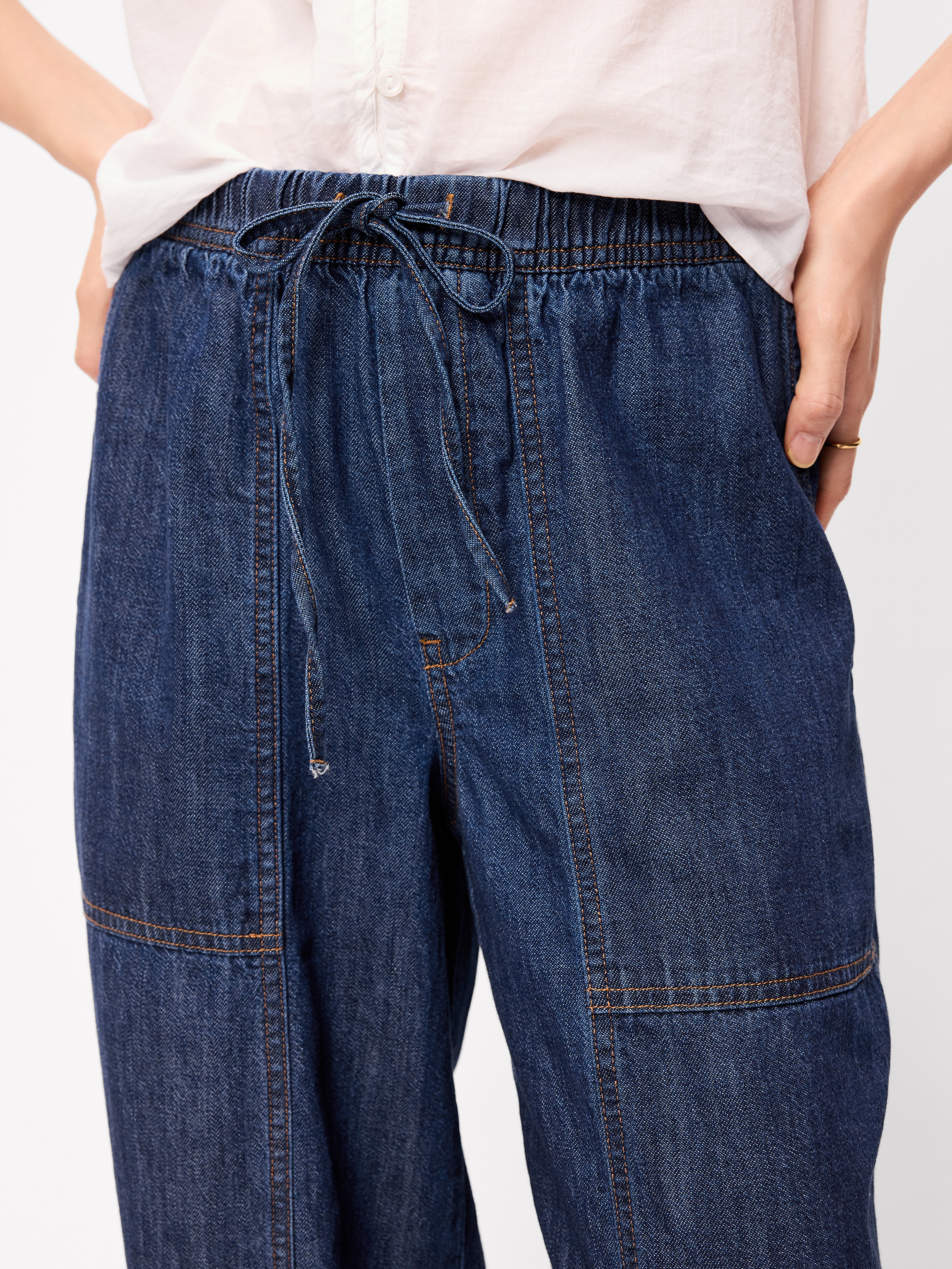 Mid-Rise Pull-On Utility Harem Denim Pants - Dark Wash - 4