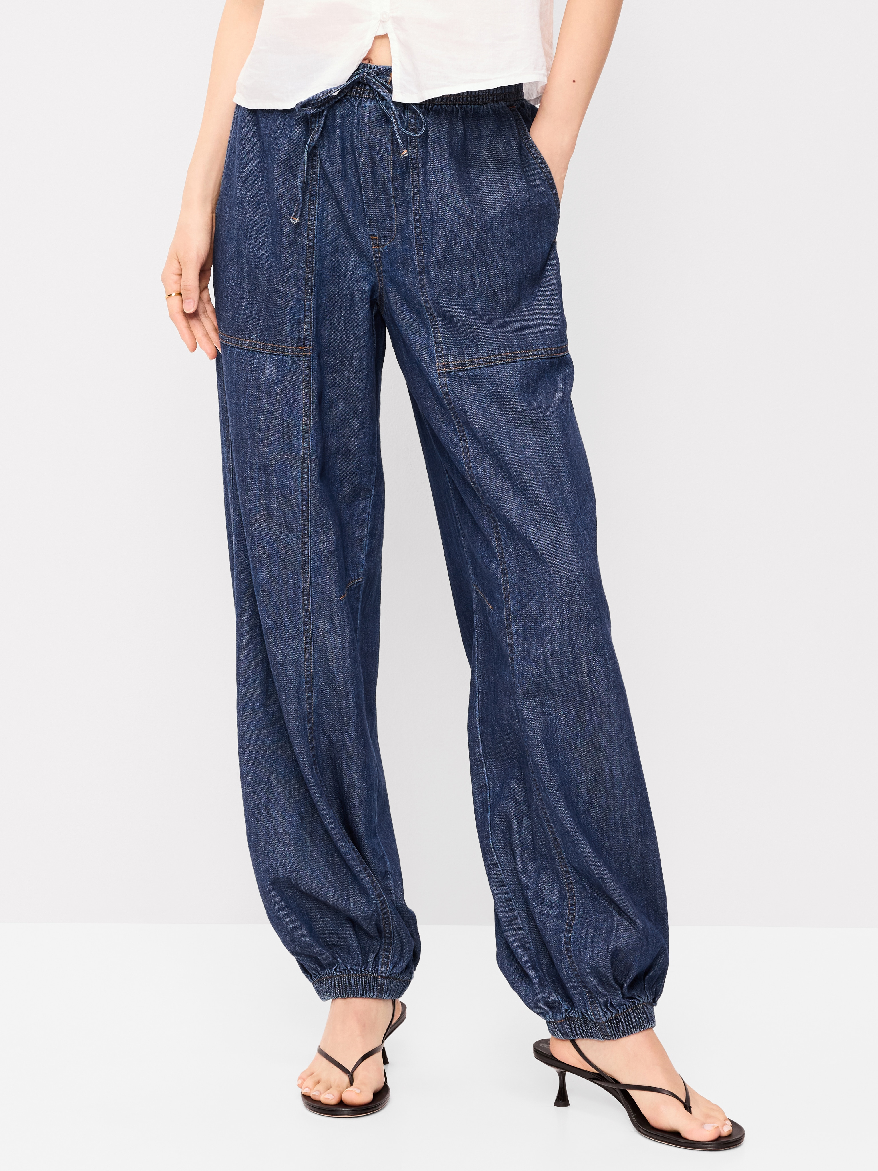 Mid-Rise Pull-On Utility Harem Denim Pants - Dark Wash - 2