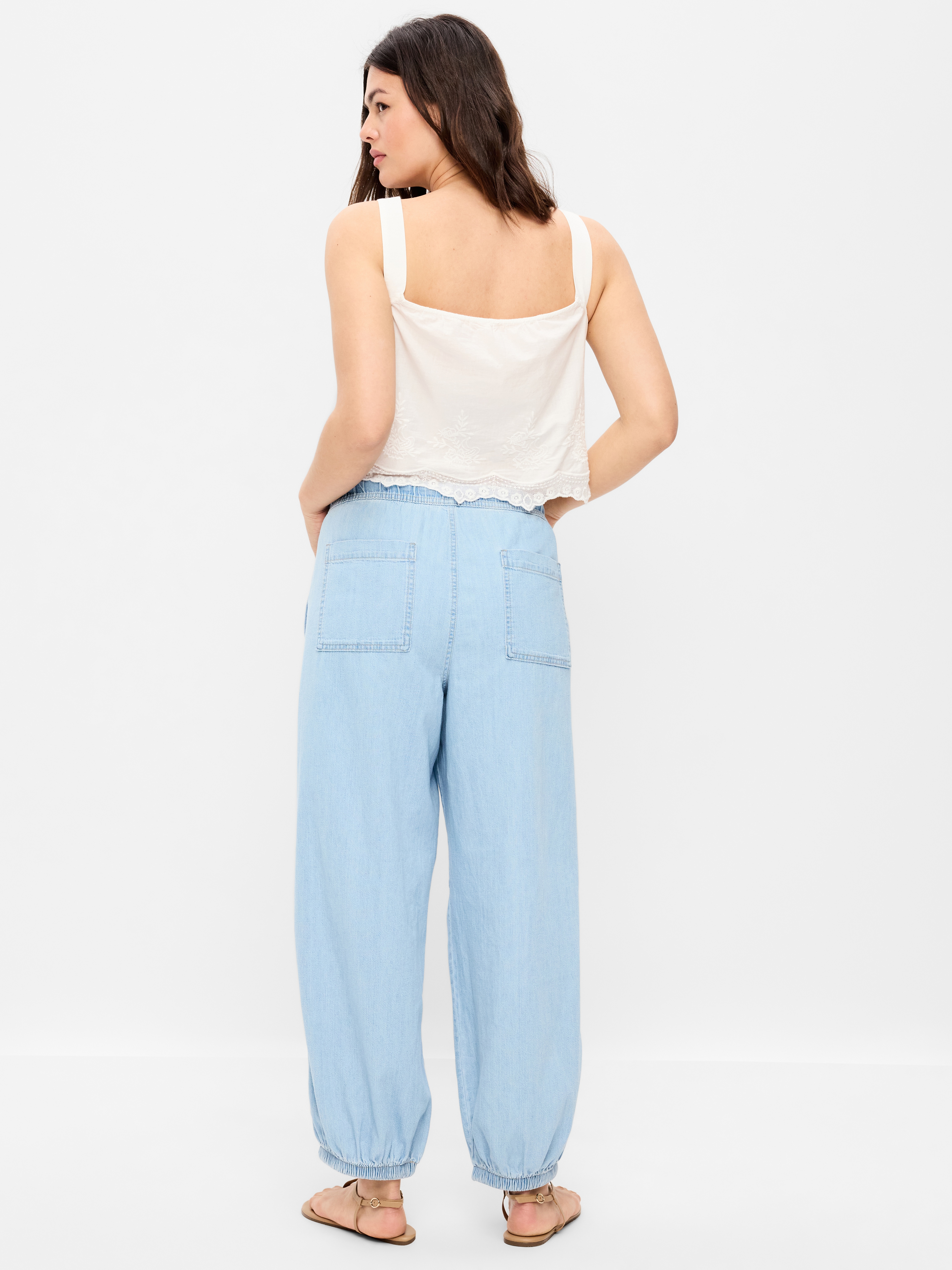 Mid-Rise Pull-On Utility Harem Denim Pants - Blue Washed - 6