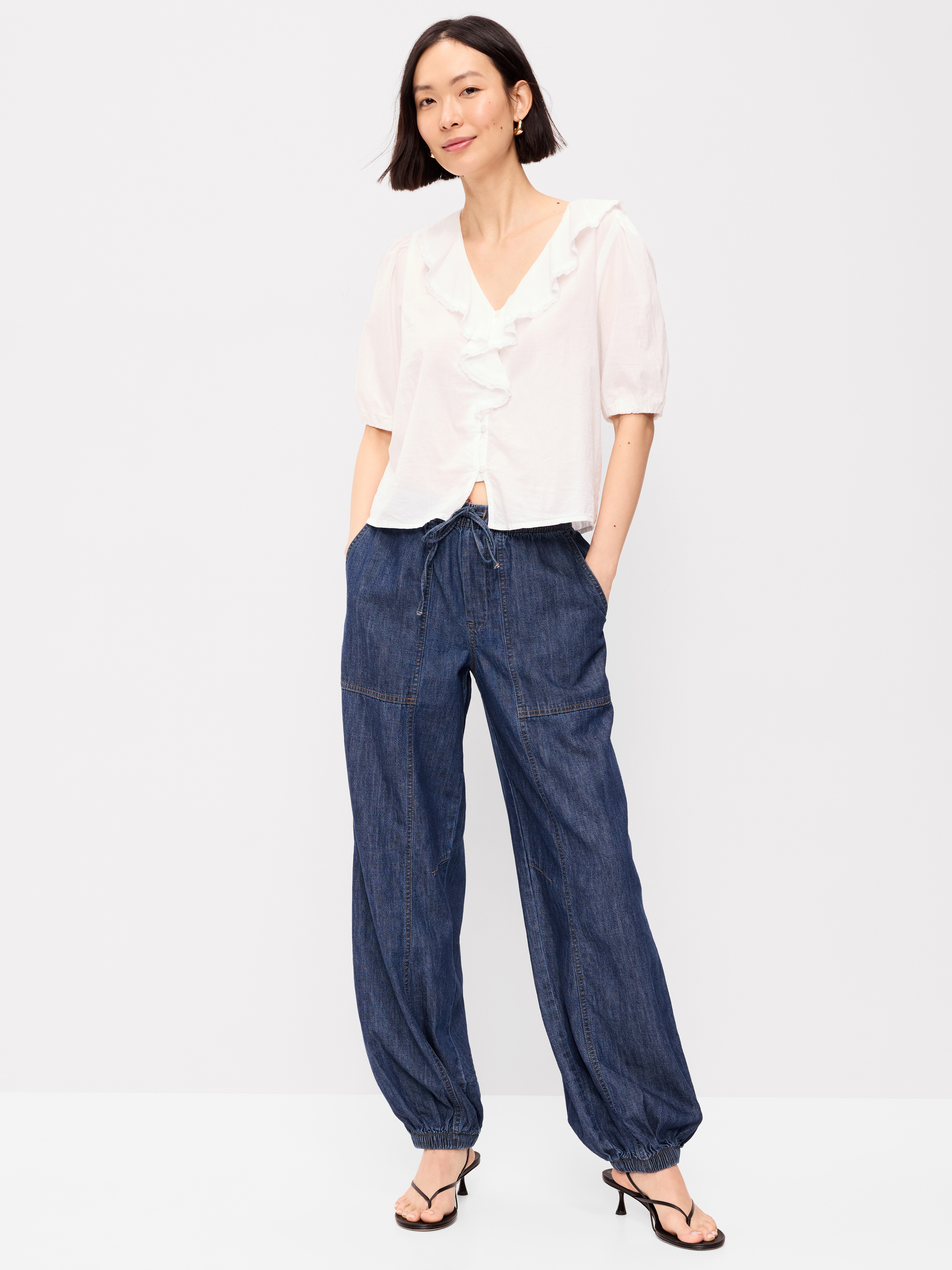 Mid-Rise Pull-On Utility Harem Denim Pants - Dark Wash - 1