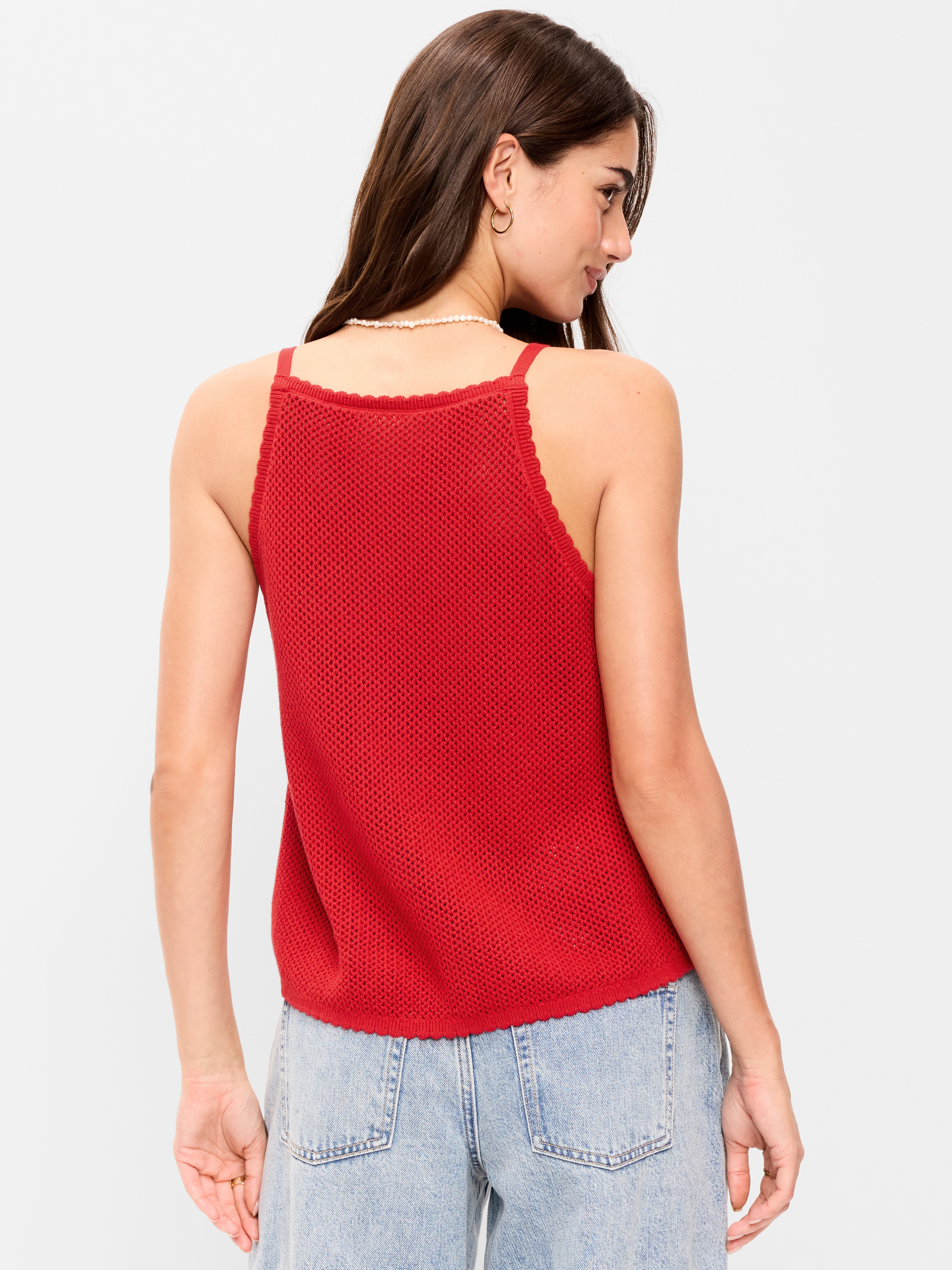 Seaside Cotton Open-Weave Apron Tank Top - Red Buttons - 2