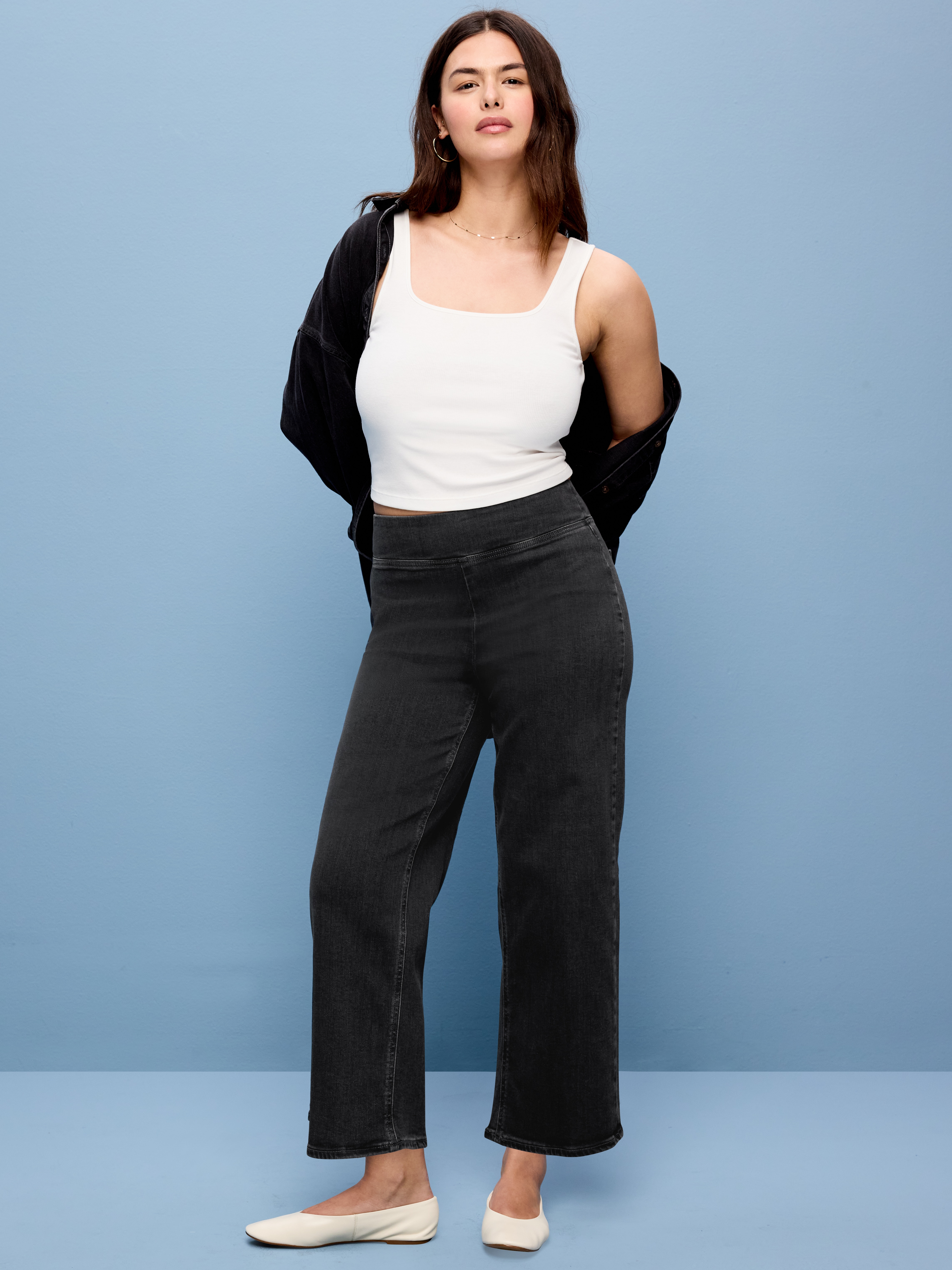 High-Waisted Weekender Pull-On Crop Wide-Leg Jeans - Dark Gray - 6