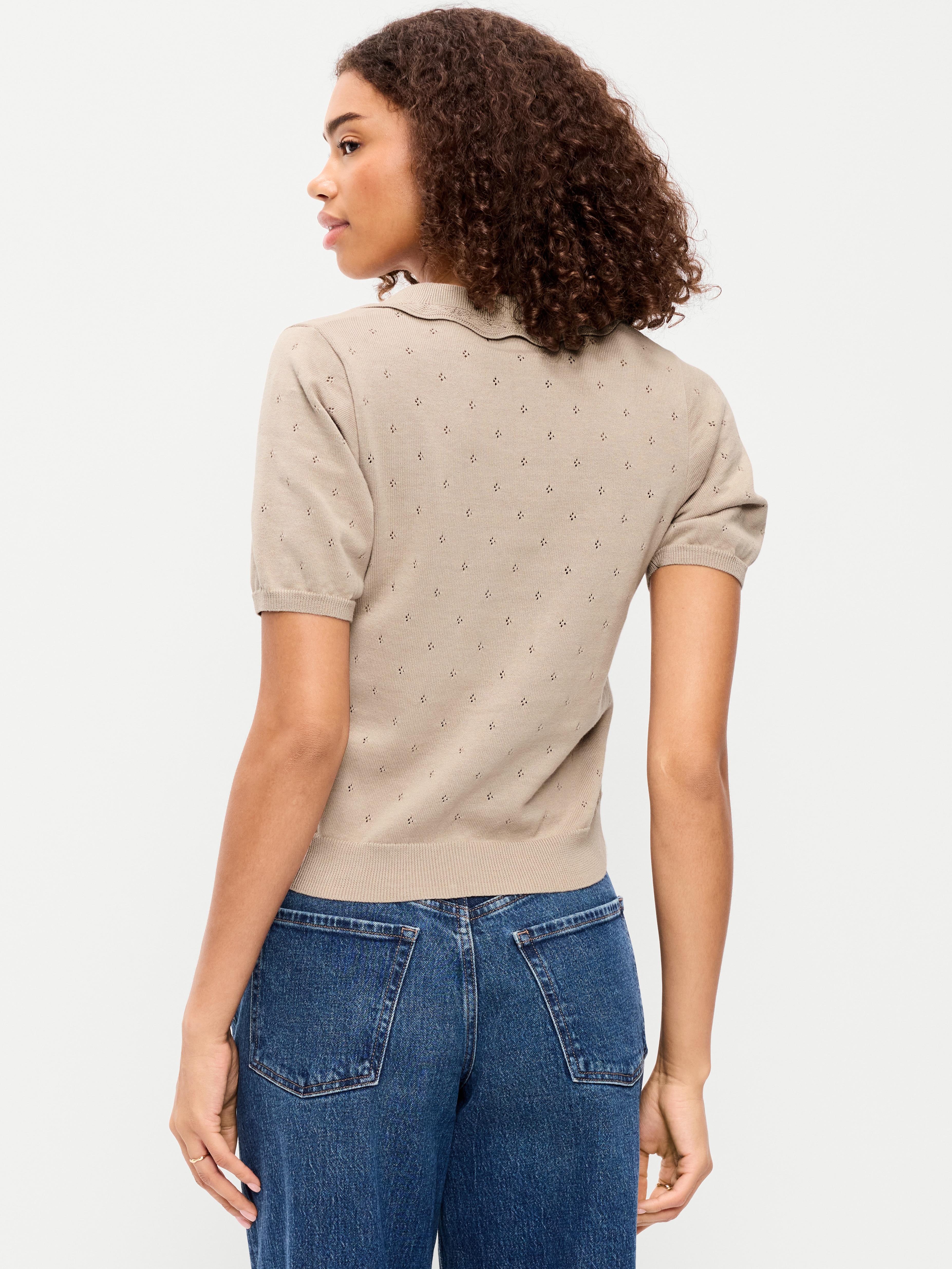 Tie-Front Seaside Cotton Pointelle Cropped Polo - Hemisphere - 2