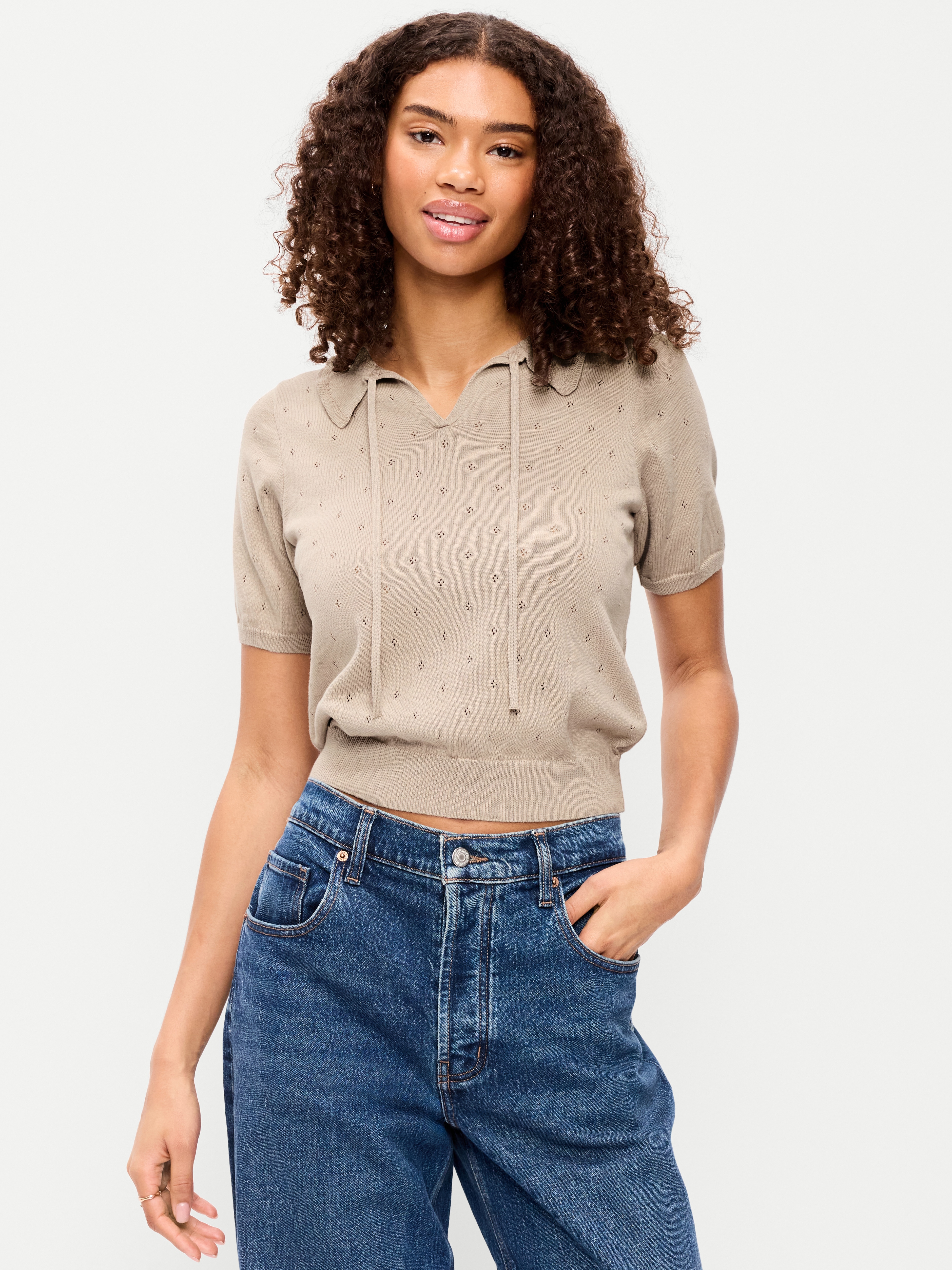 Tie-Front Seaside Cotton Pointelle Cropped Polo - Hemisphere - 3