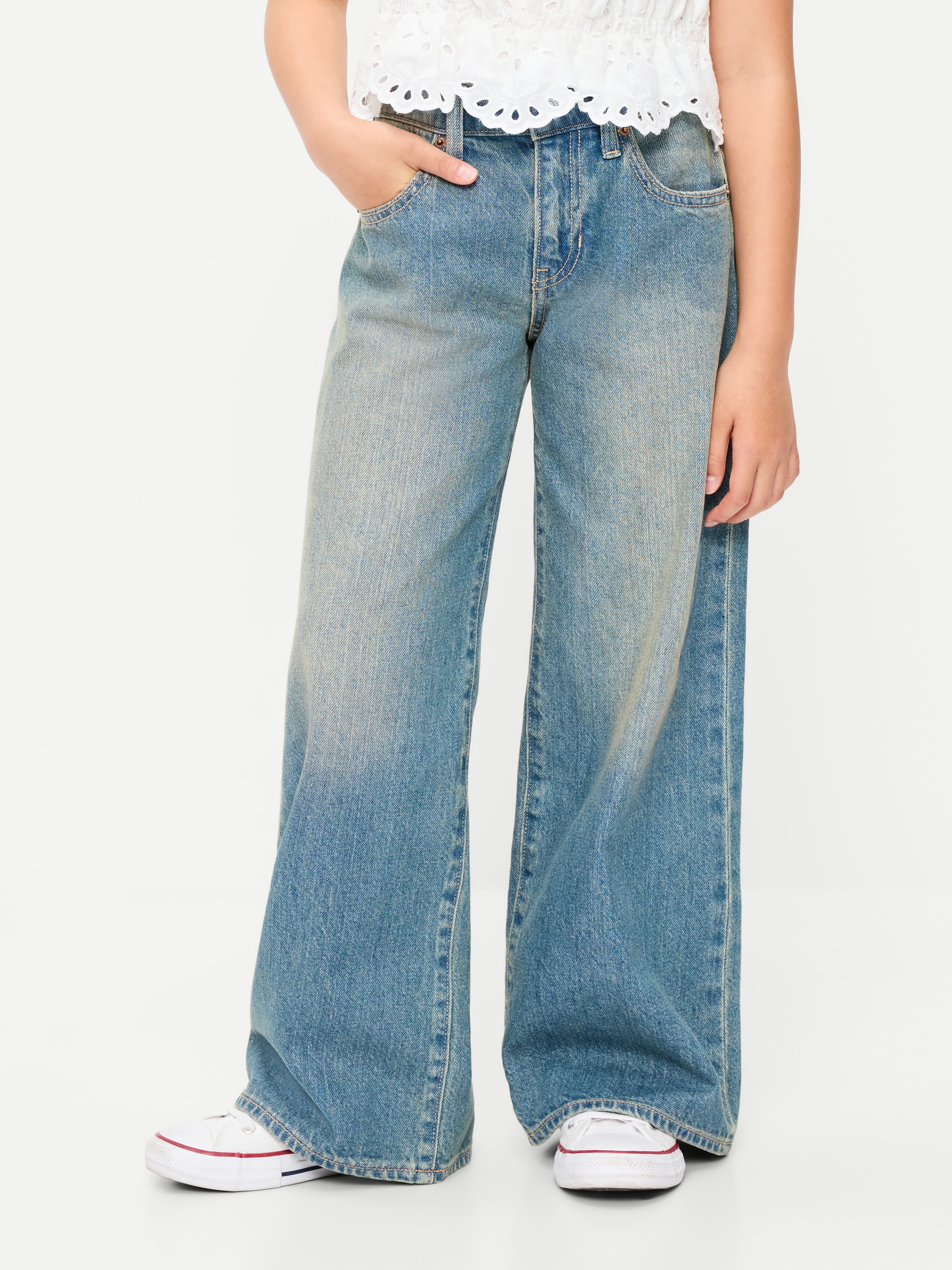 Super Baggy Wide-Leg Embroidered Jeans for Girls - Medium Wash - 1