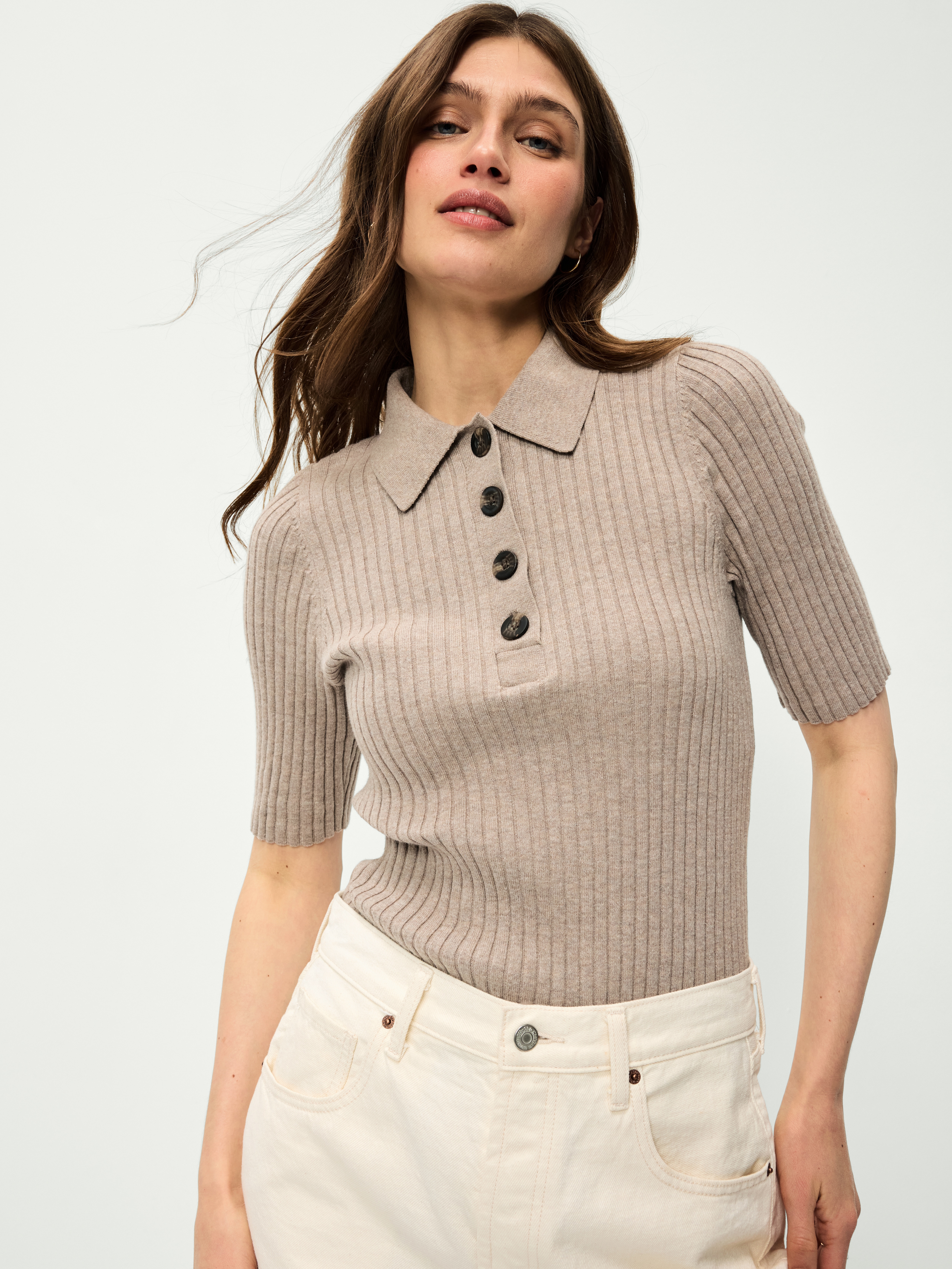 Short-Sleeve Ribbed Polo - Mushroom - 1