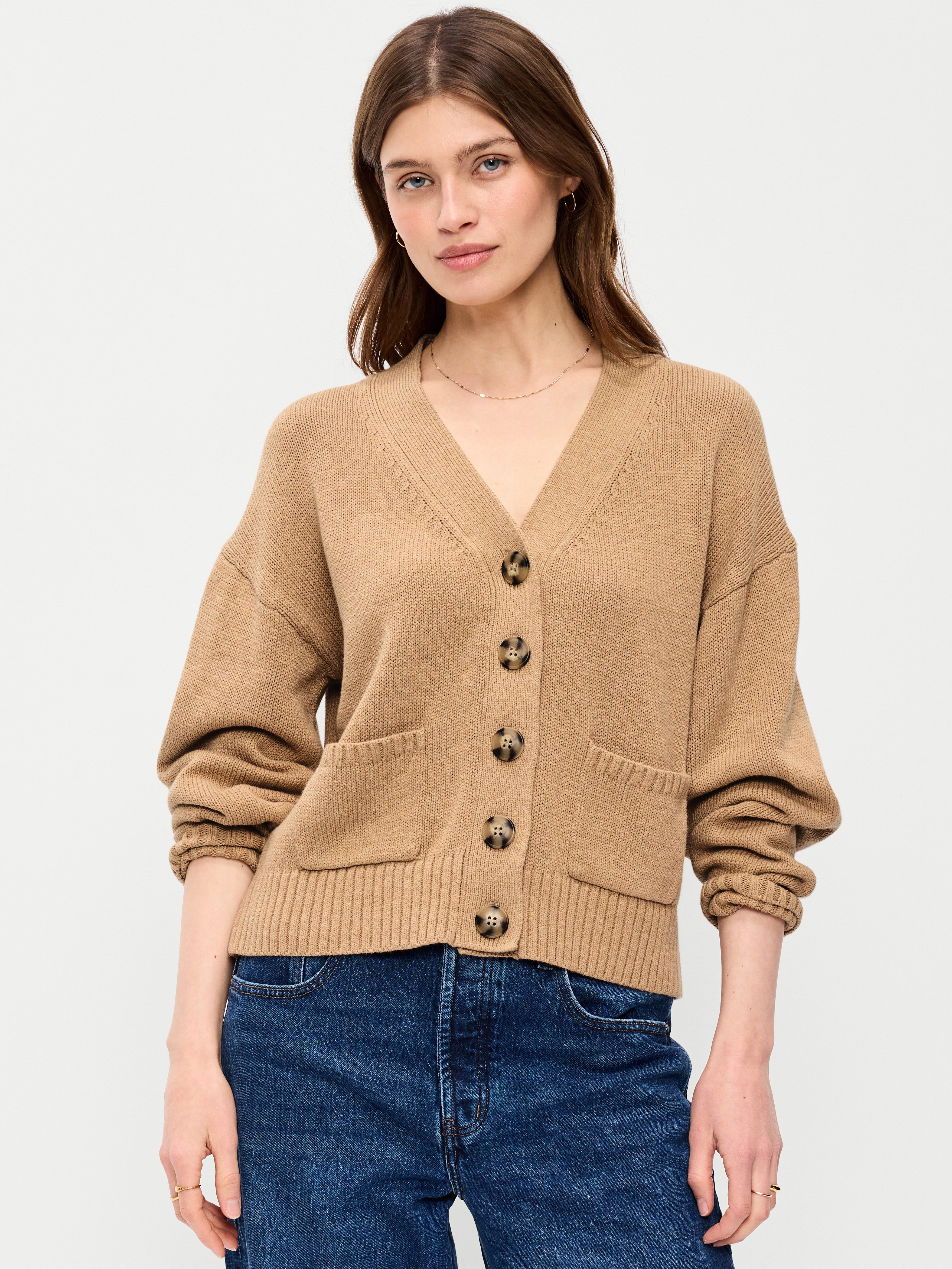 Seaside Cotton V-Neck Cardigan Sweater - Light Brown - 1