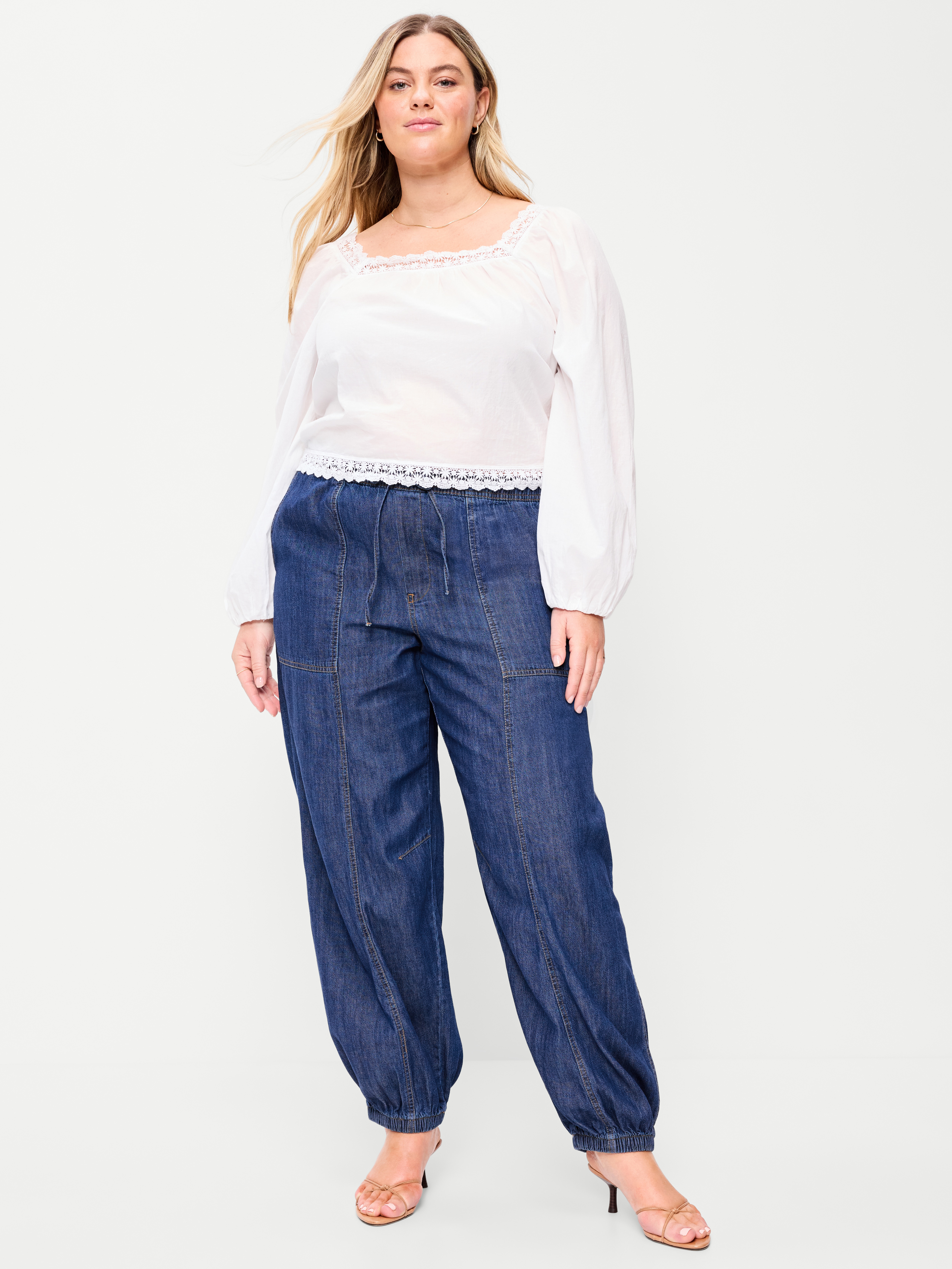 Mid-Rise Pull-On Utility Harem Denim Pants - Dark Wash - 8