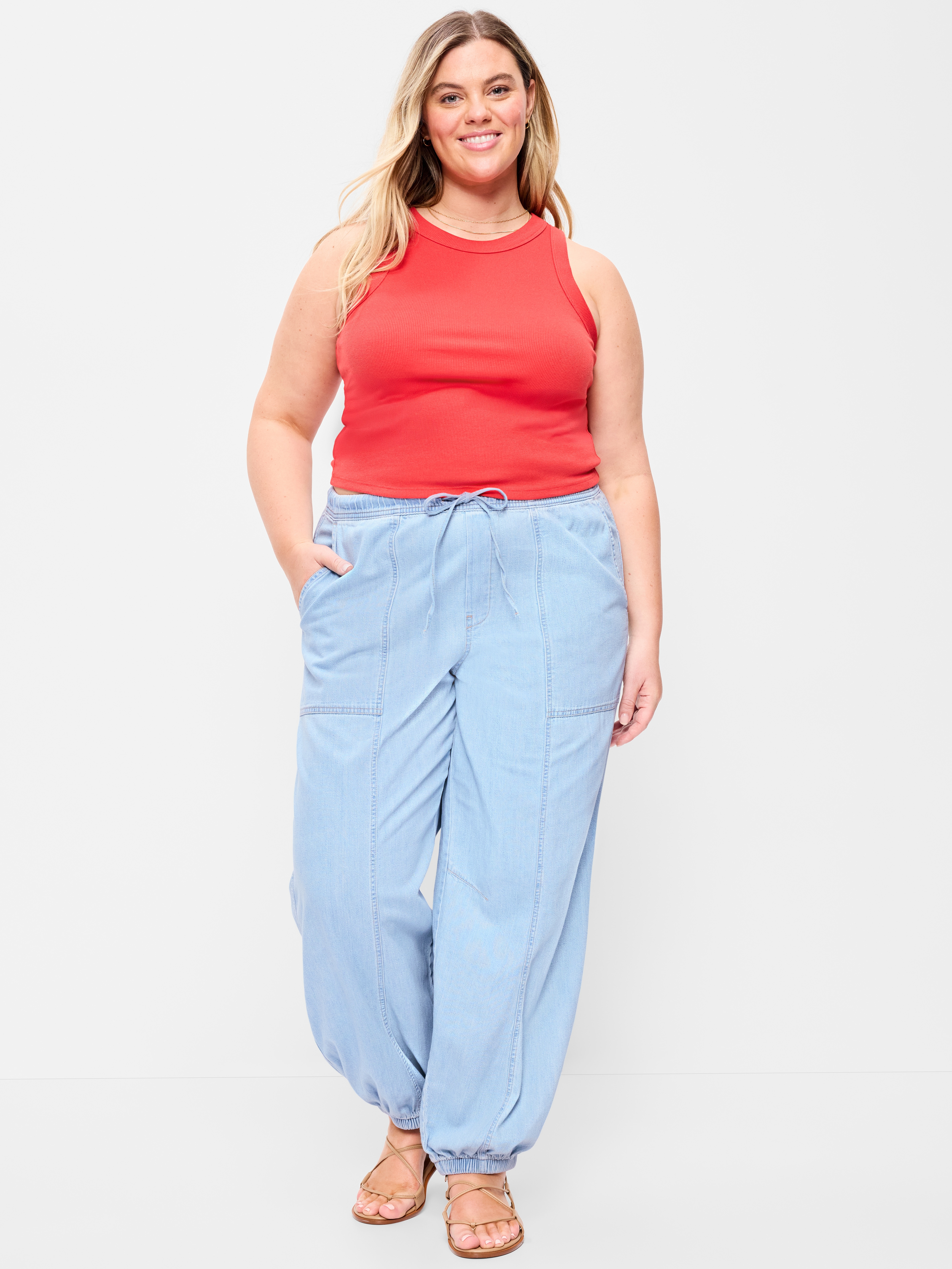 Mid-Rise Pull-On Utility Harem Denim Pants - Blue Washed - 7