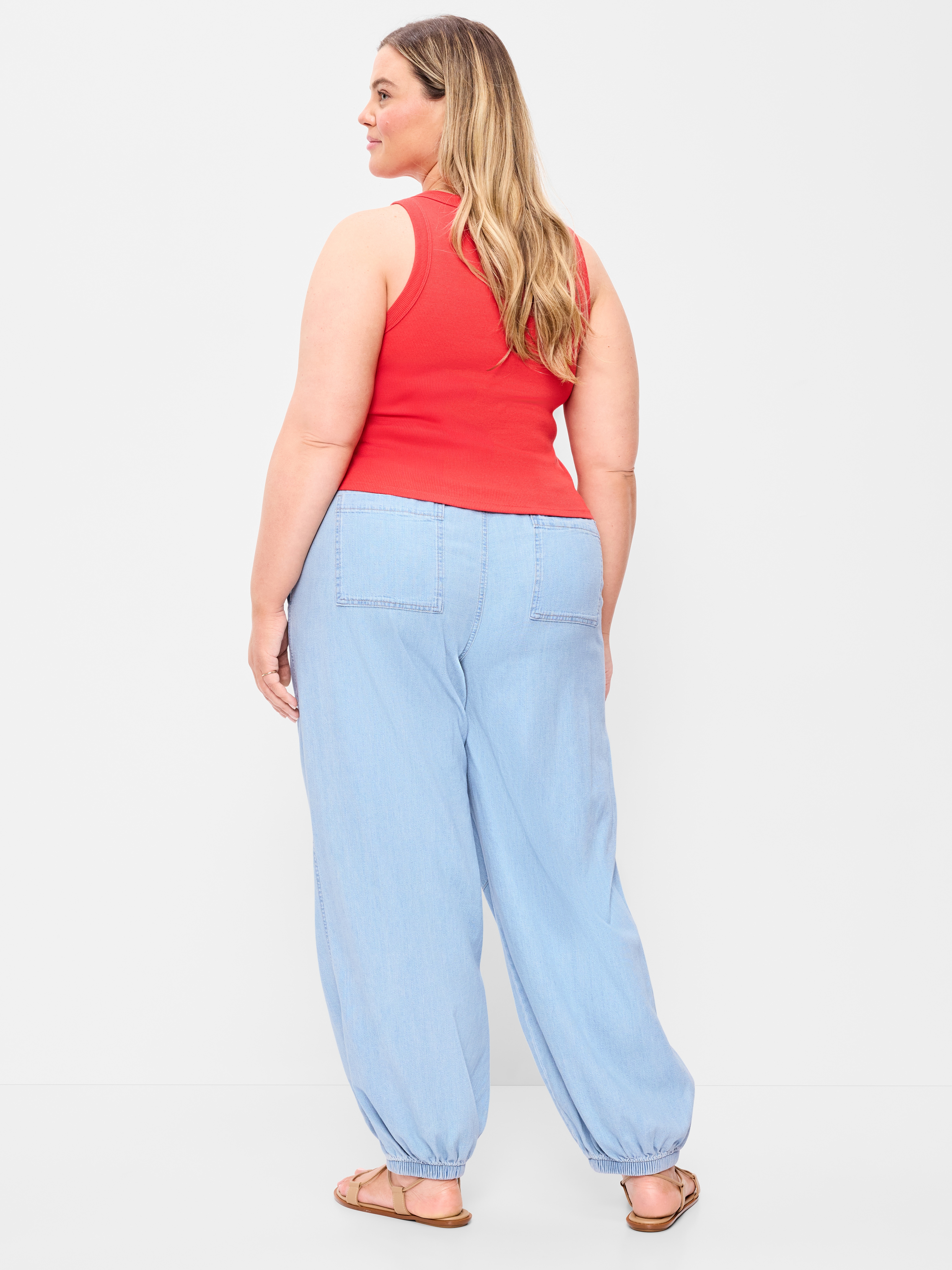 Mid-Rise Pull-On Utility Harem Denim Pants - Blue Washed - 8