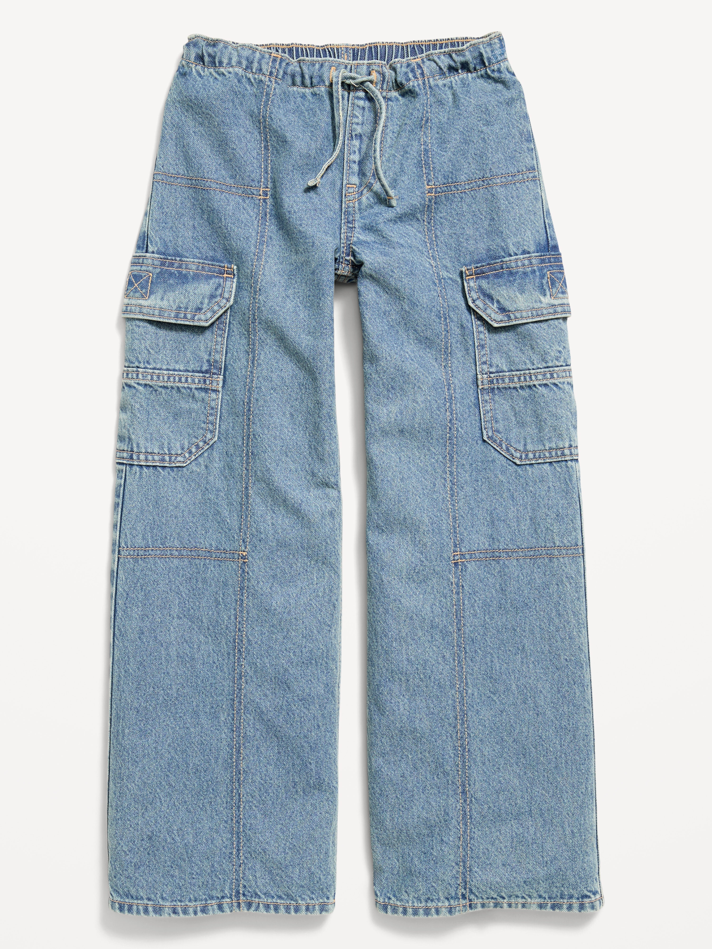 Pull-On Low-Rise Super Baggy Wide-Leg Cargo Jeans for Girls - Medium Wash - 4