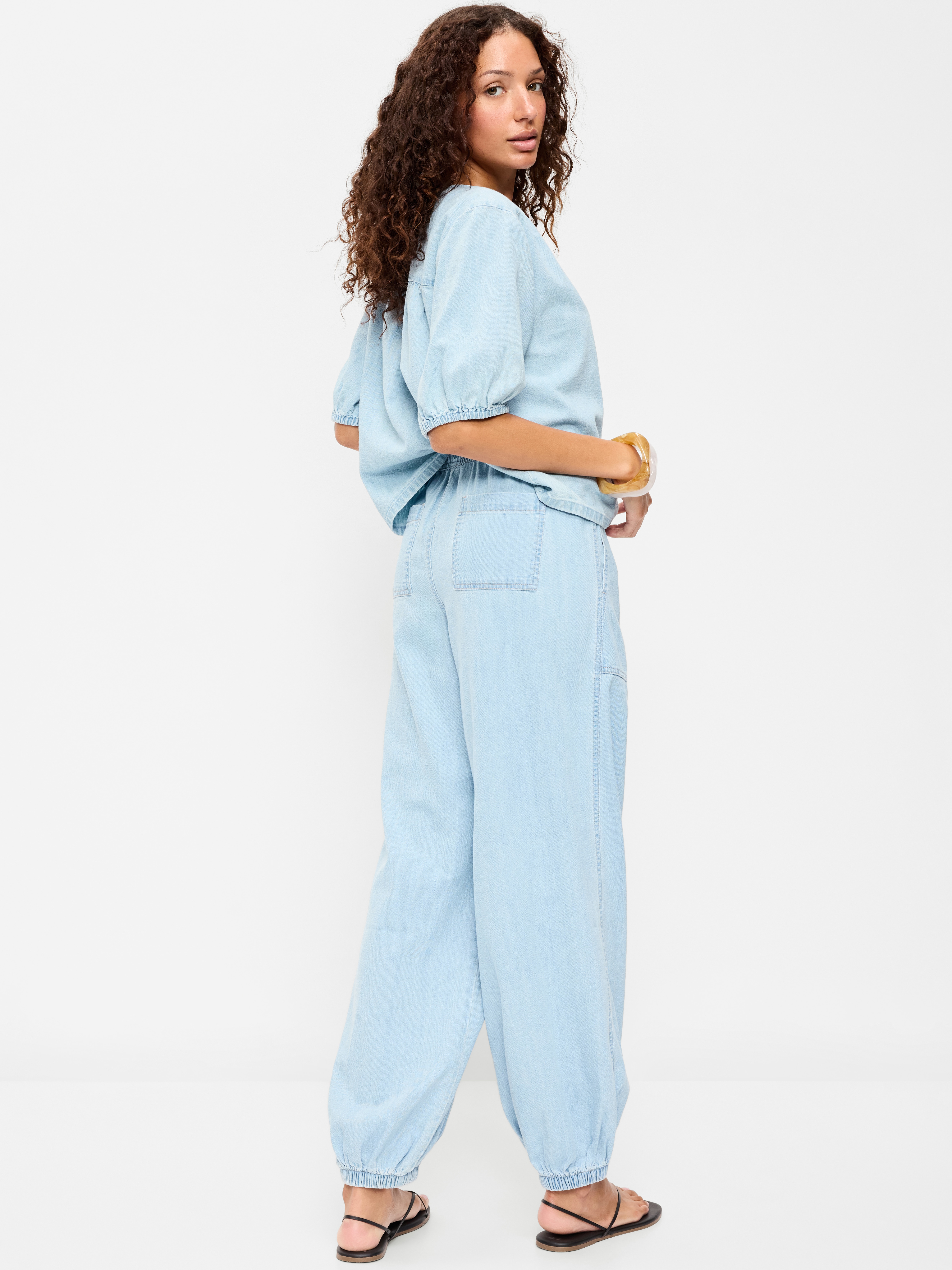 Mid-Rise Pull-On Utility Harem Denim Pants - Blue Washed - 3