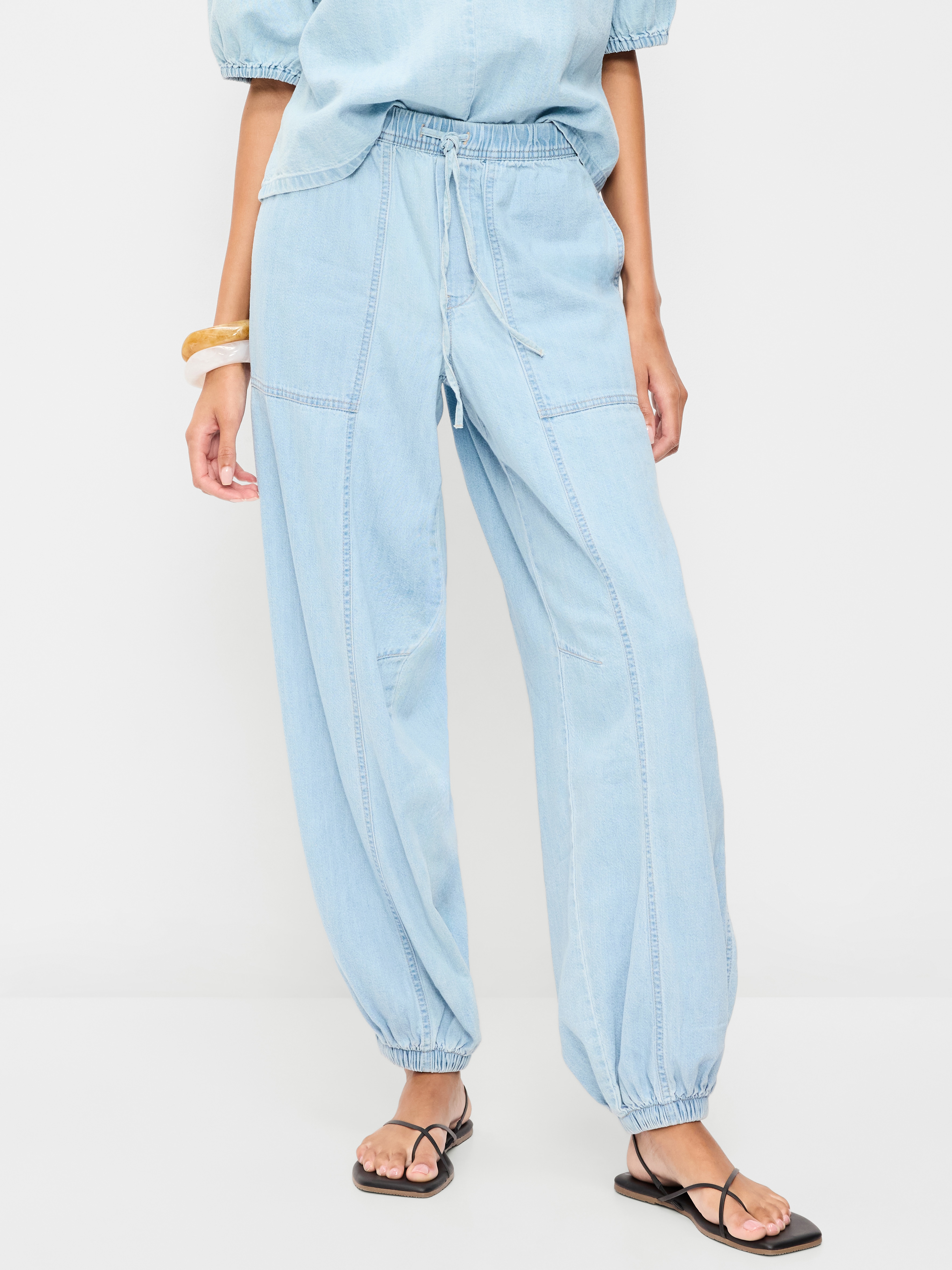 Mid-Rise Pull-On Utility Harem Denim Pants - Blue Washed - 2