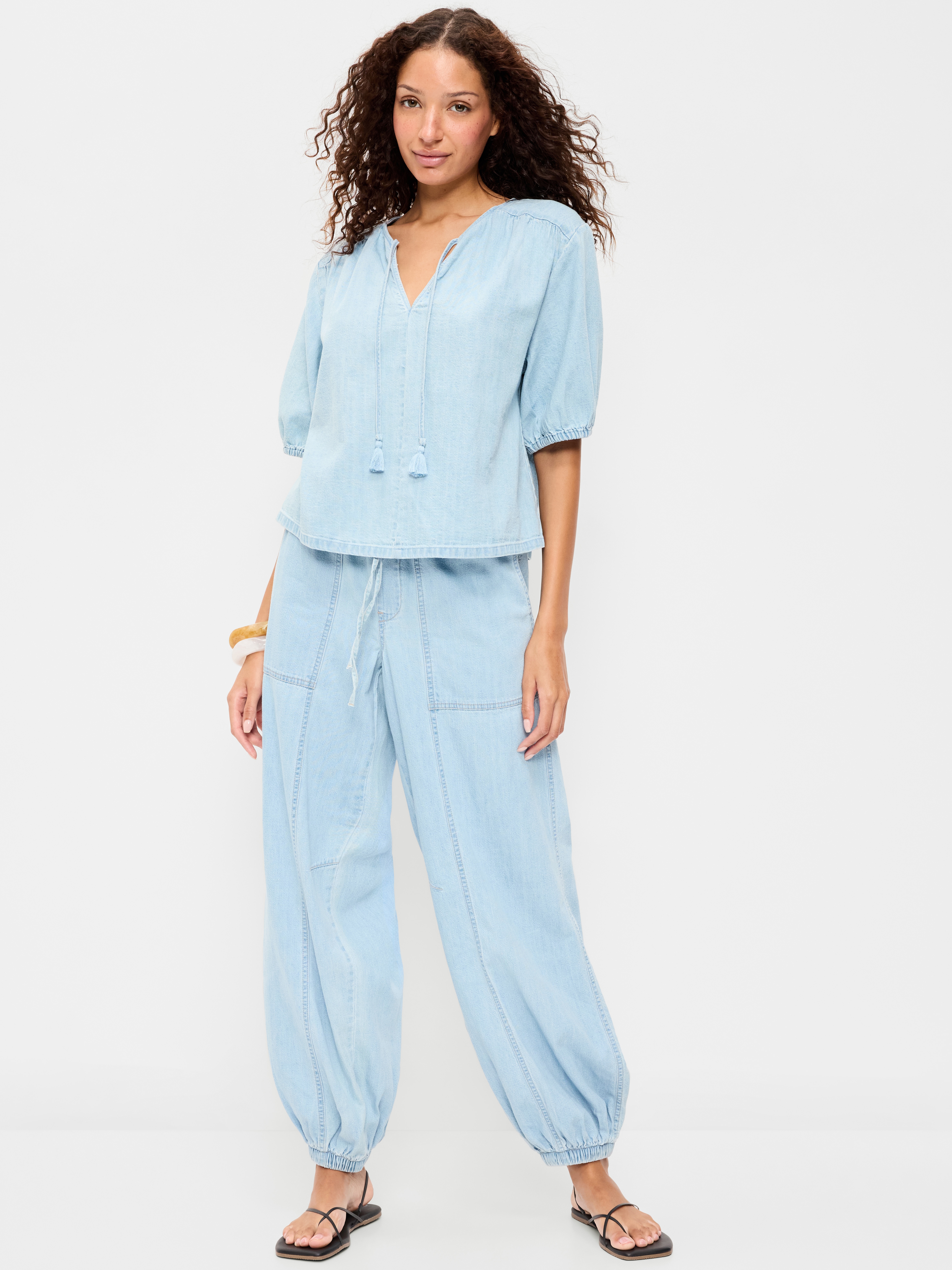 Mid-Rise Pull-On Utility Harem Denim Pants - Blue Washed - 1