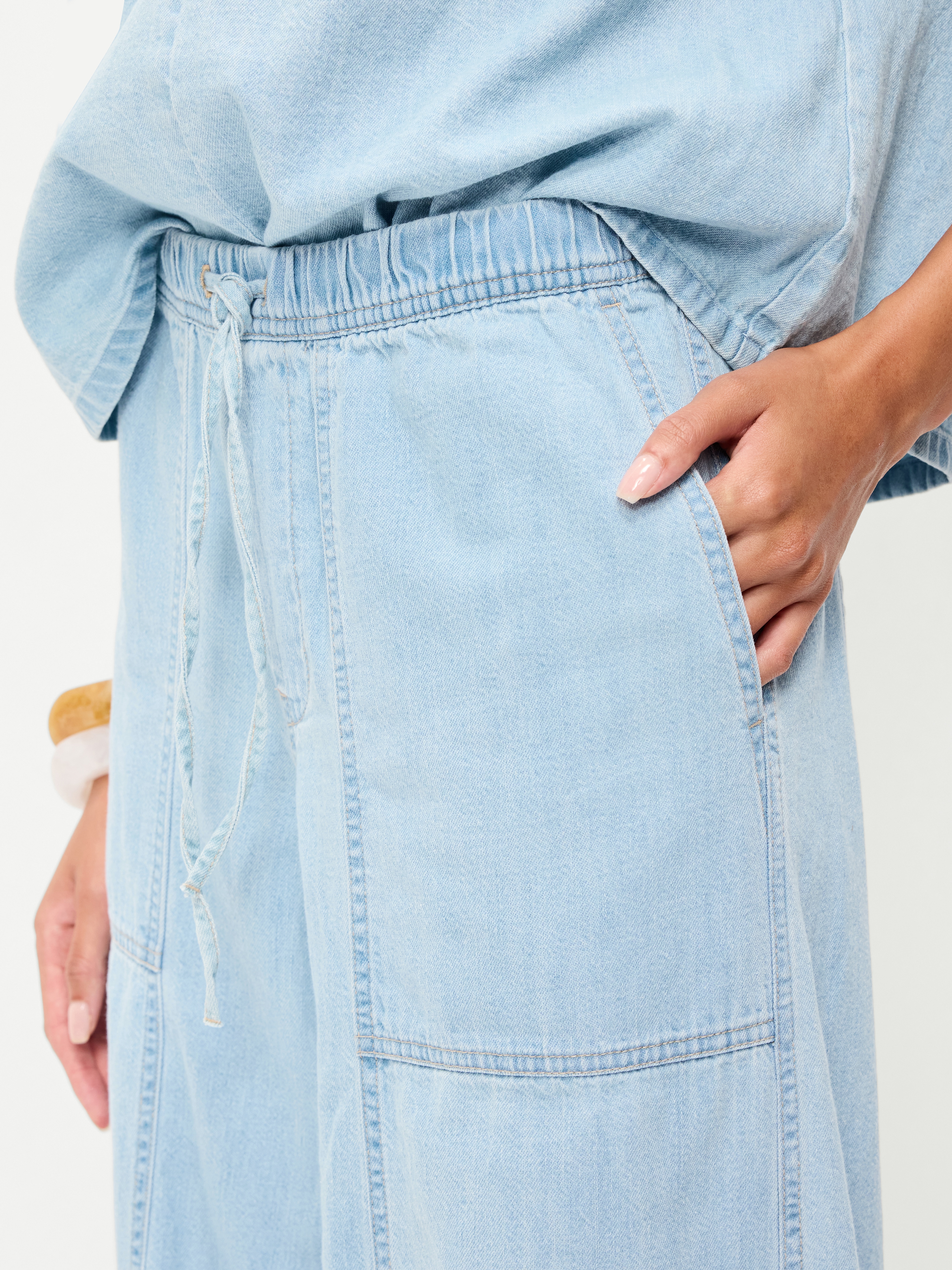 Mid-Rise Pull-On Utility Harem Denim Pants - Blue Washed - 4