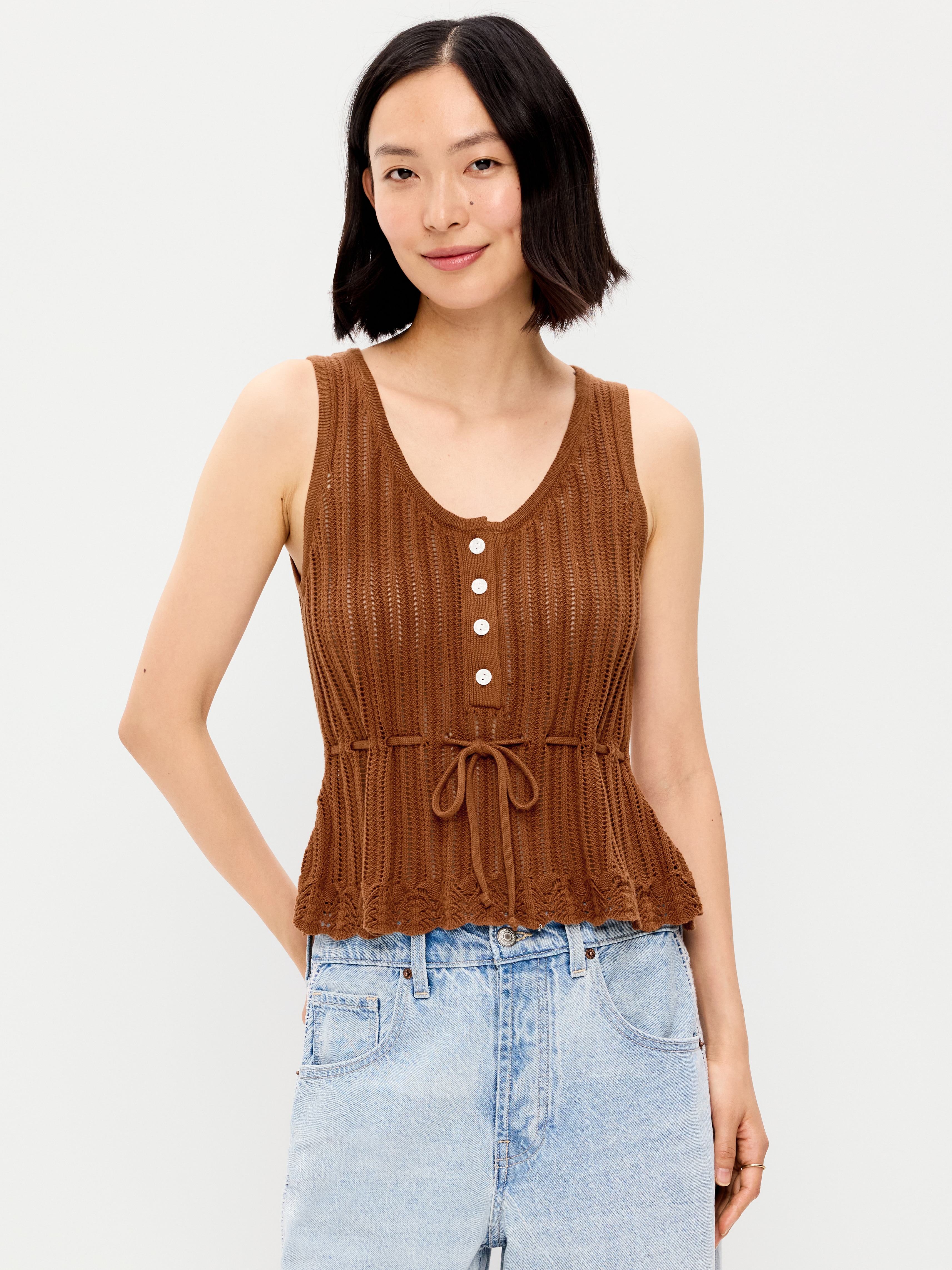 Seaside Cotton Pointelle Peplum Tank Top - Redwood Burl - 1