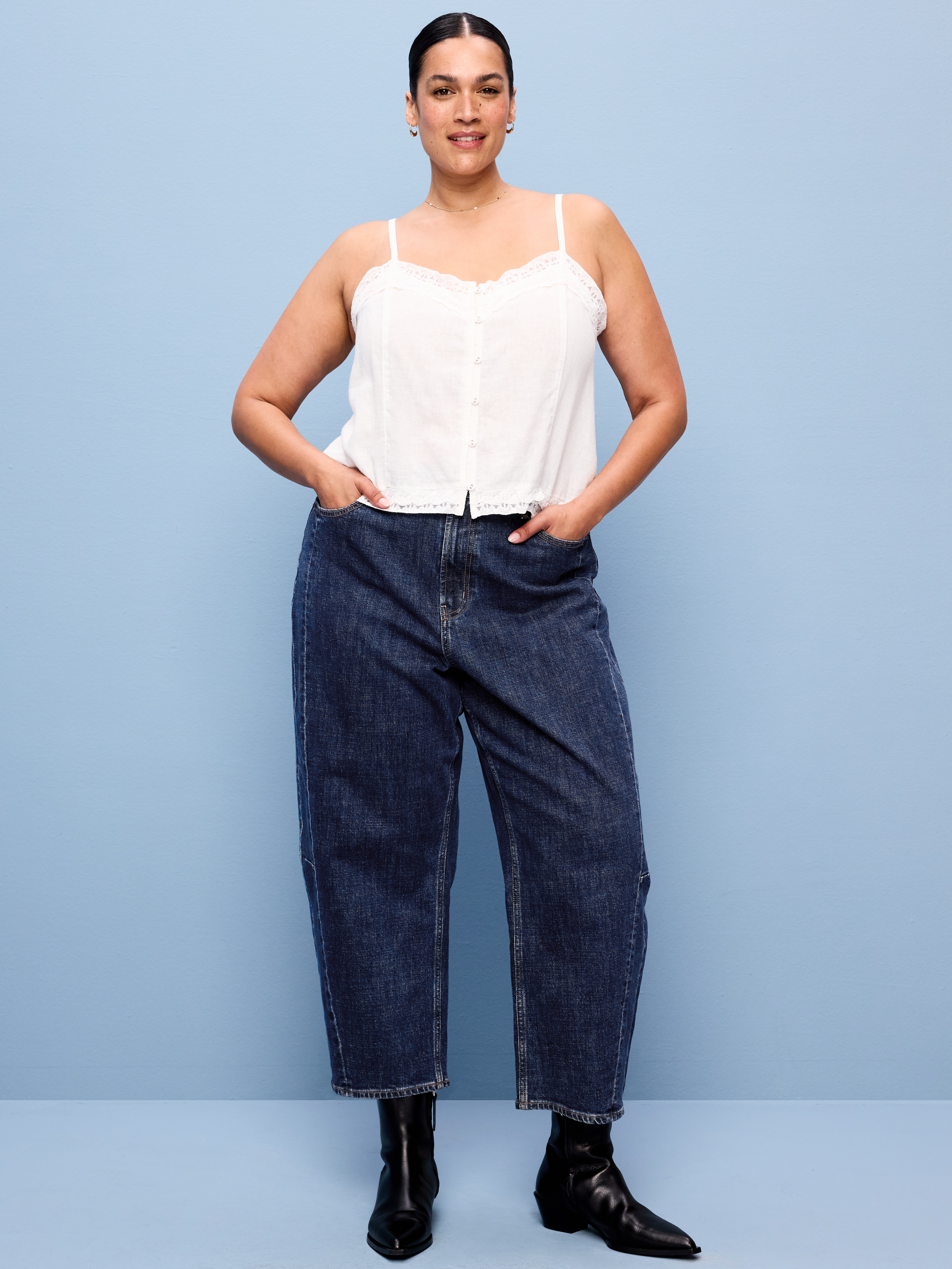High-Waisted Baggy Barrel Ankle Jeans - Dark Wash - 7