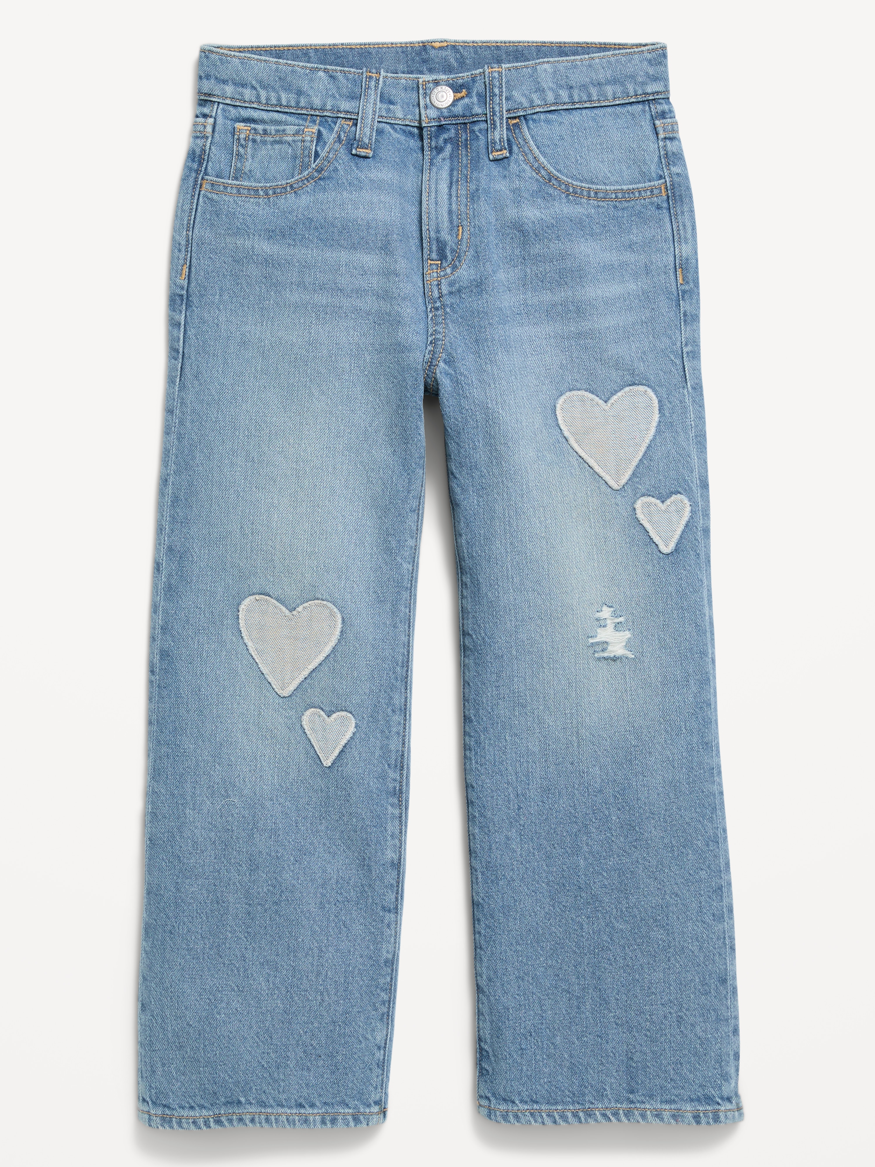 Printed High-Waisted Baggy Wide-Leg Jeans for Girls - Light Wash (Hearts) - 4