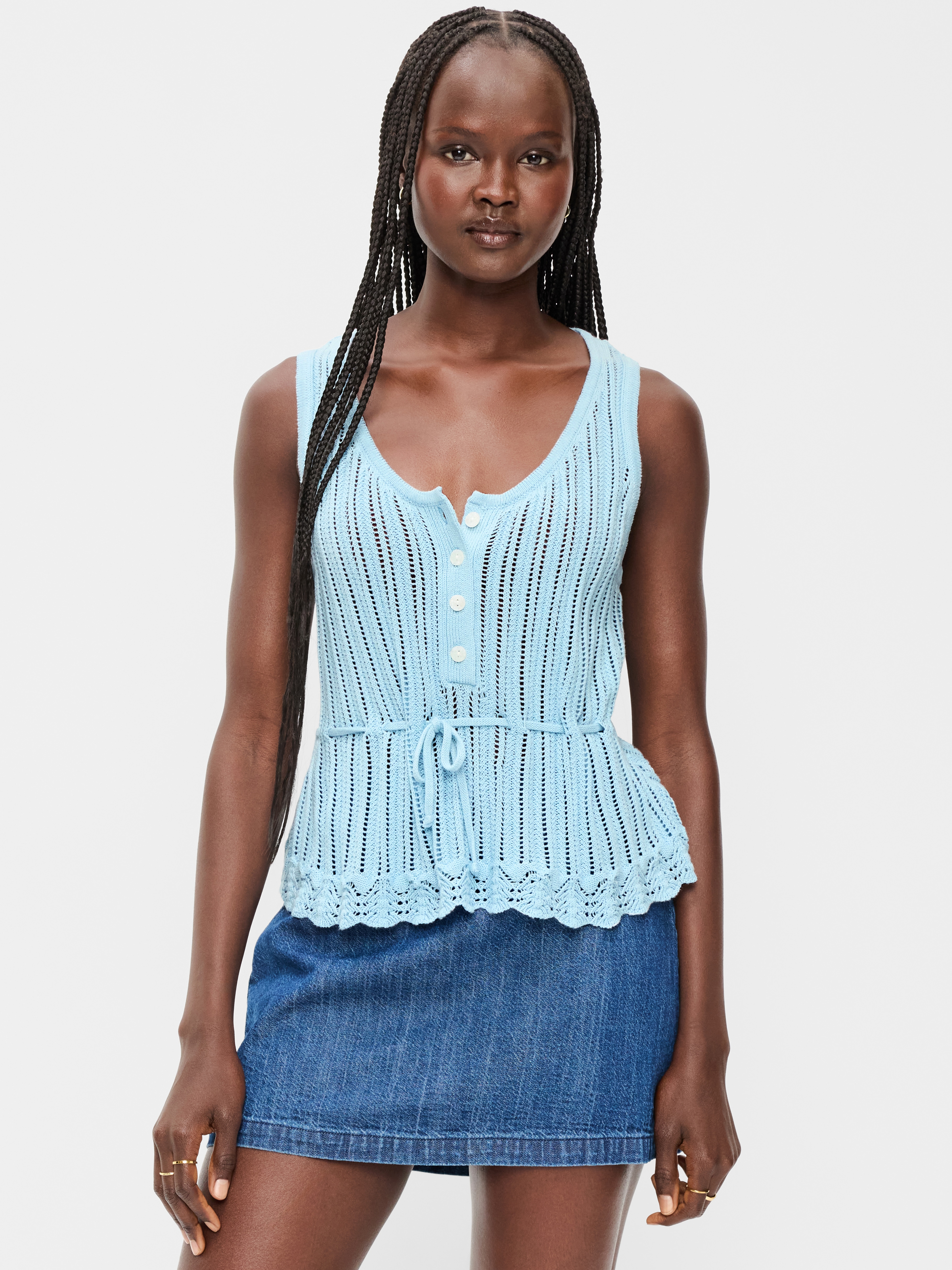 Seaside Cotton Pointelle Peplum Tank Top - Blue Tranquility - 1