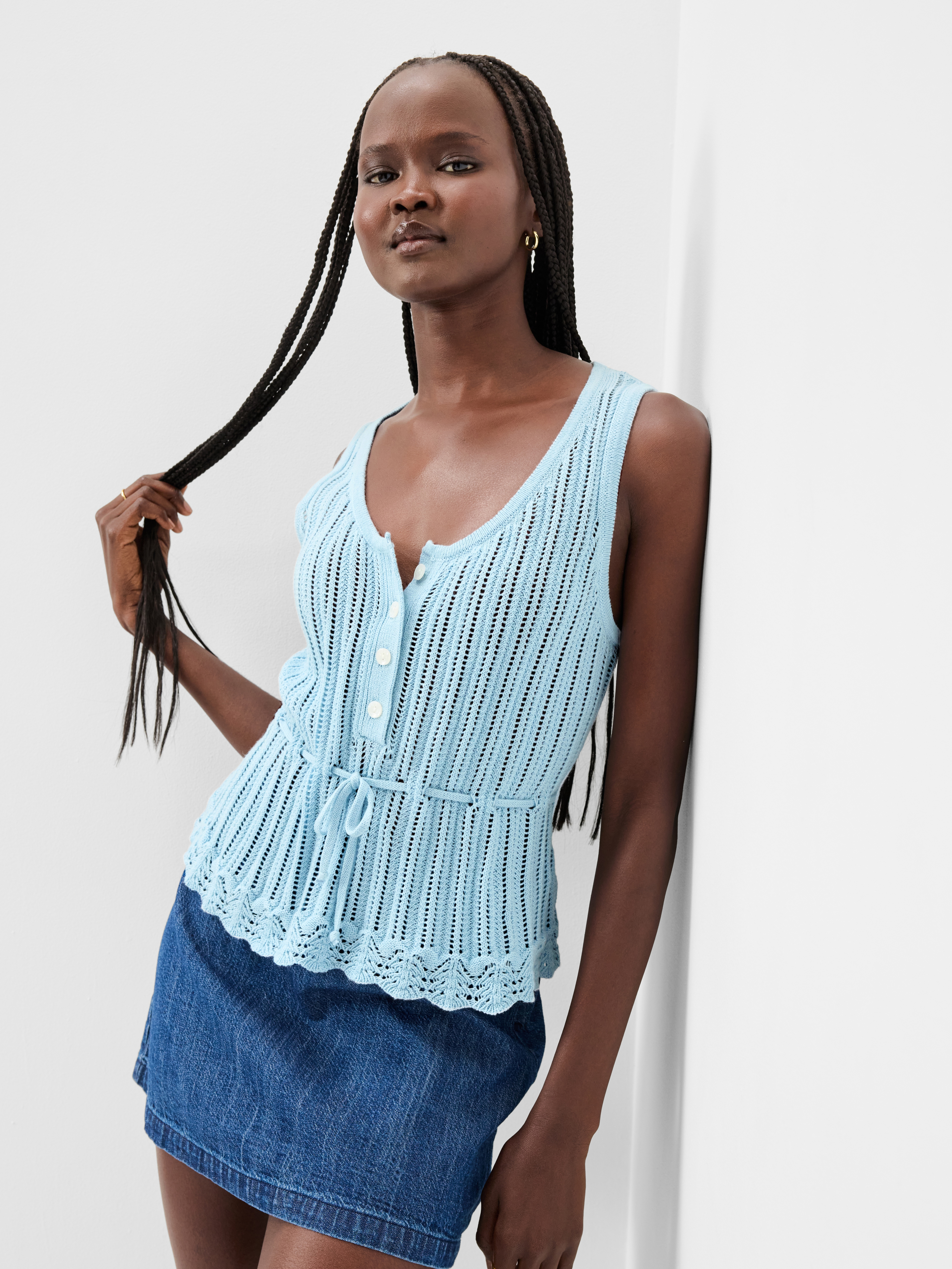 Seaside Cotton Pointelle Peplum Tank Top - Blue Tranquility - 3