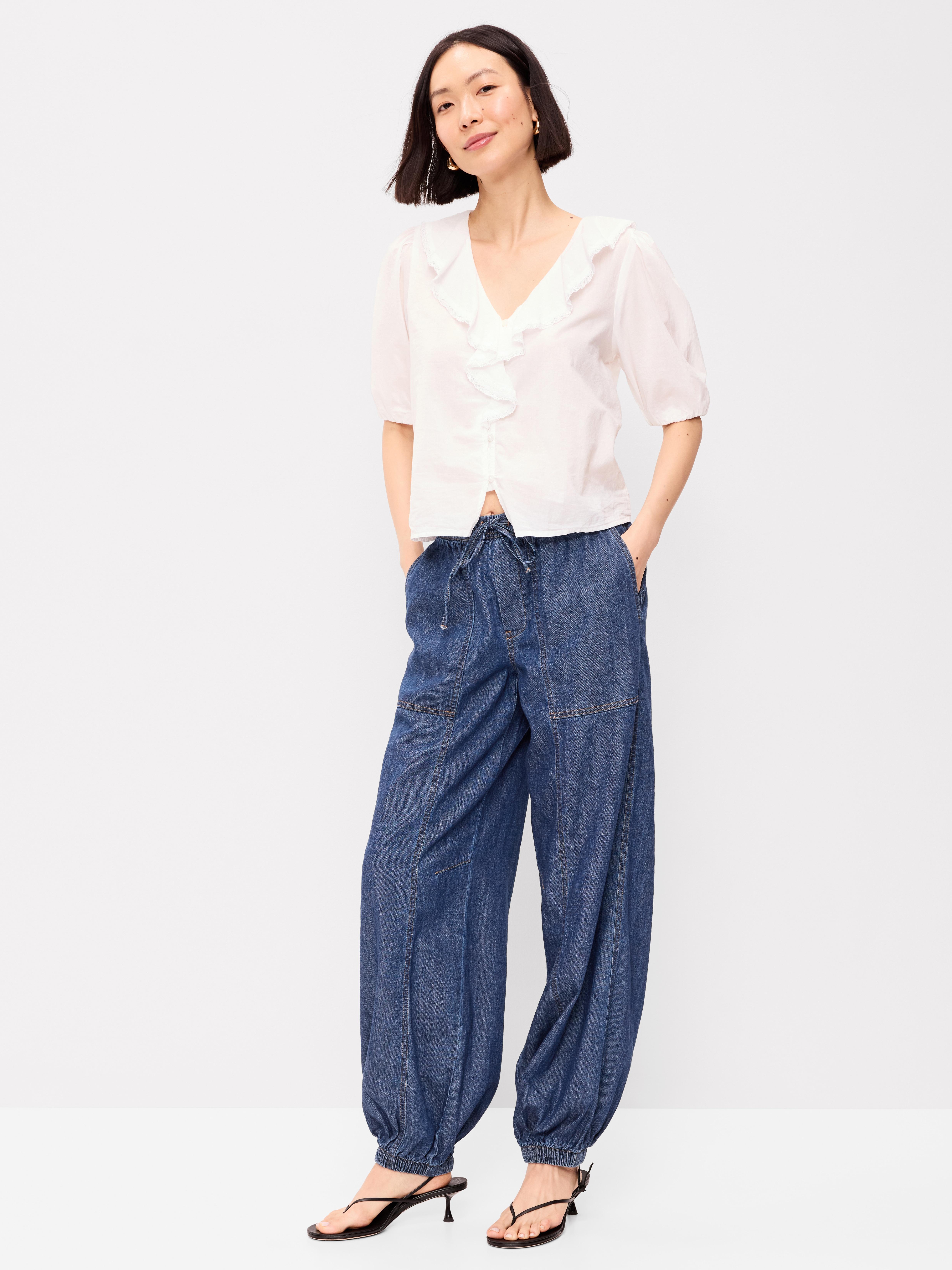 Mid-Rise Pull-On Utility Harem Denim Pants - Dark Wash - 5