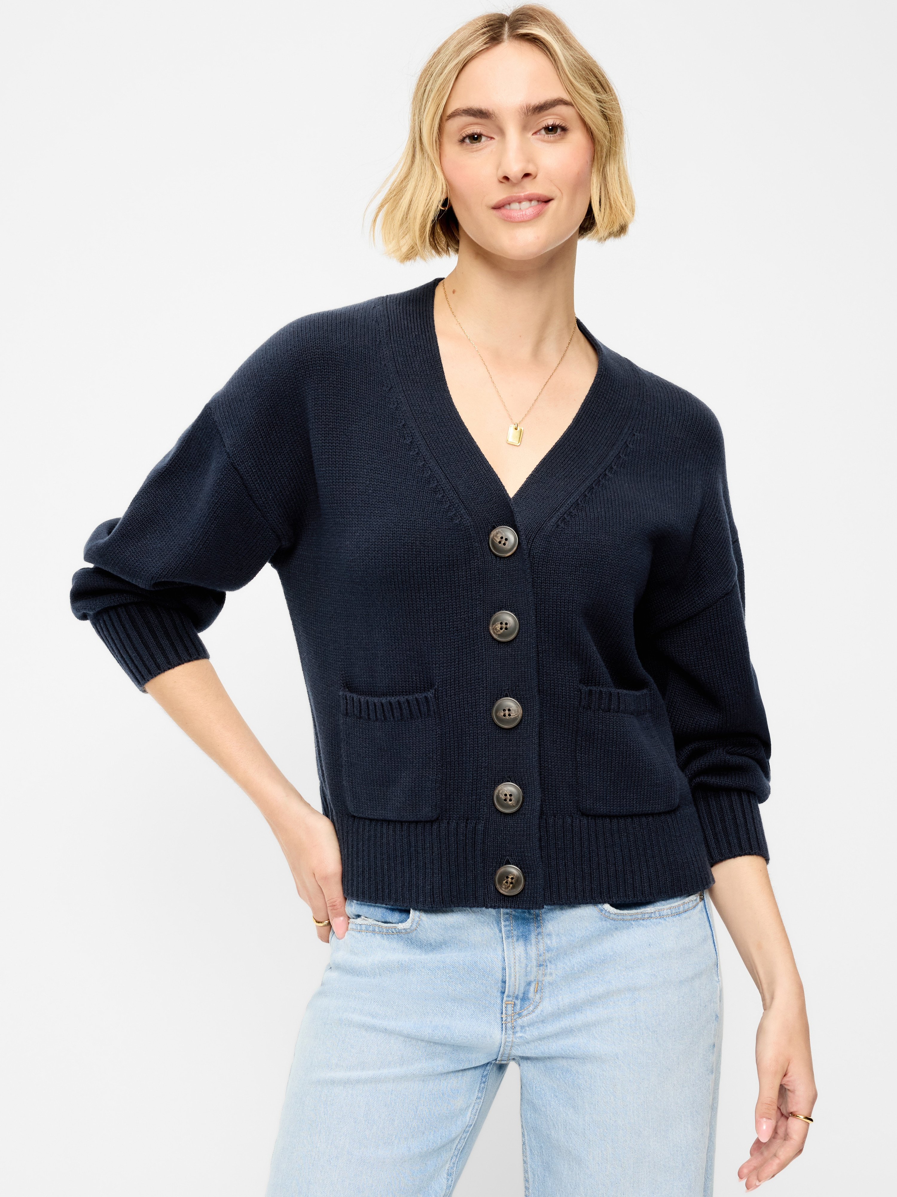 Seaside Cotton V-Neck Cardigan Sweater - In the Navy - 1