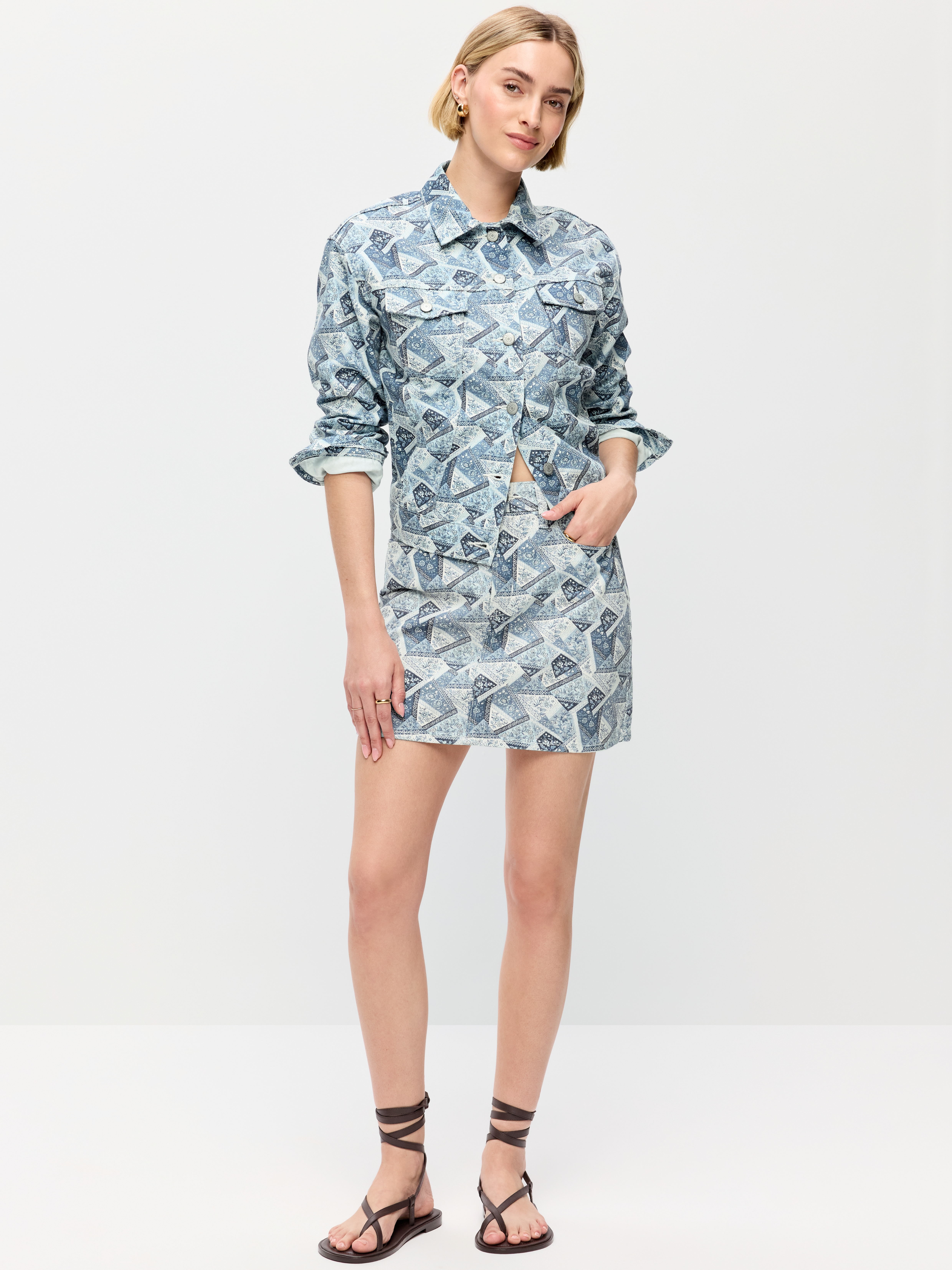 Flap-Front Pocket Mini Skirt - Light Blue Print - 1